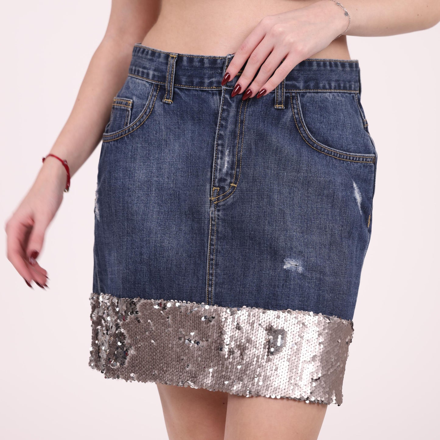 Denim Mini Skirt with Silver Sequin Hem