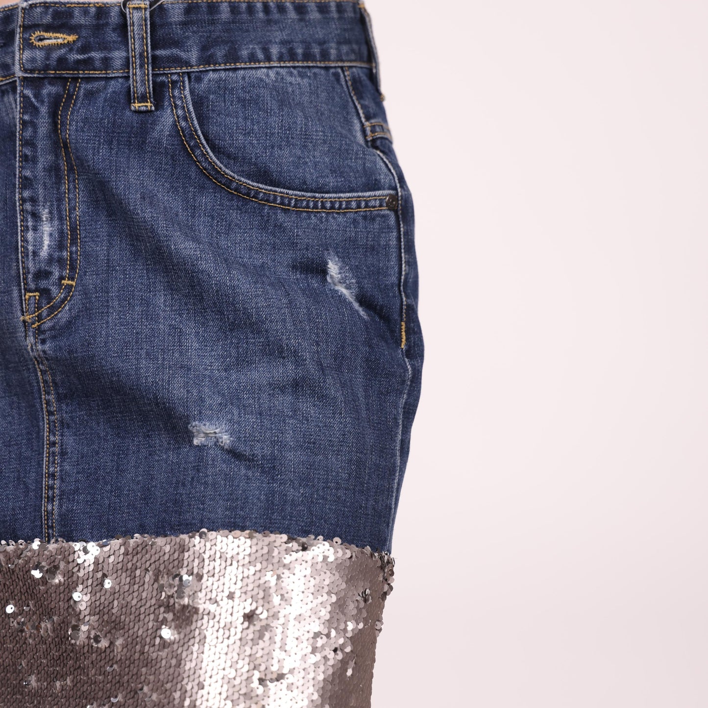Denim Mini Skirt with Silver Sequin Hem