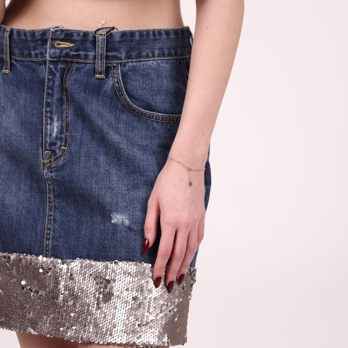 Denim Mini Skirt with Silver Sequin Hem