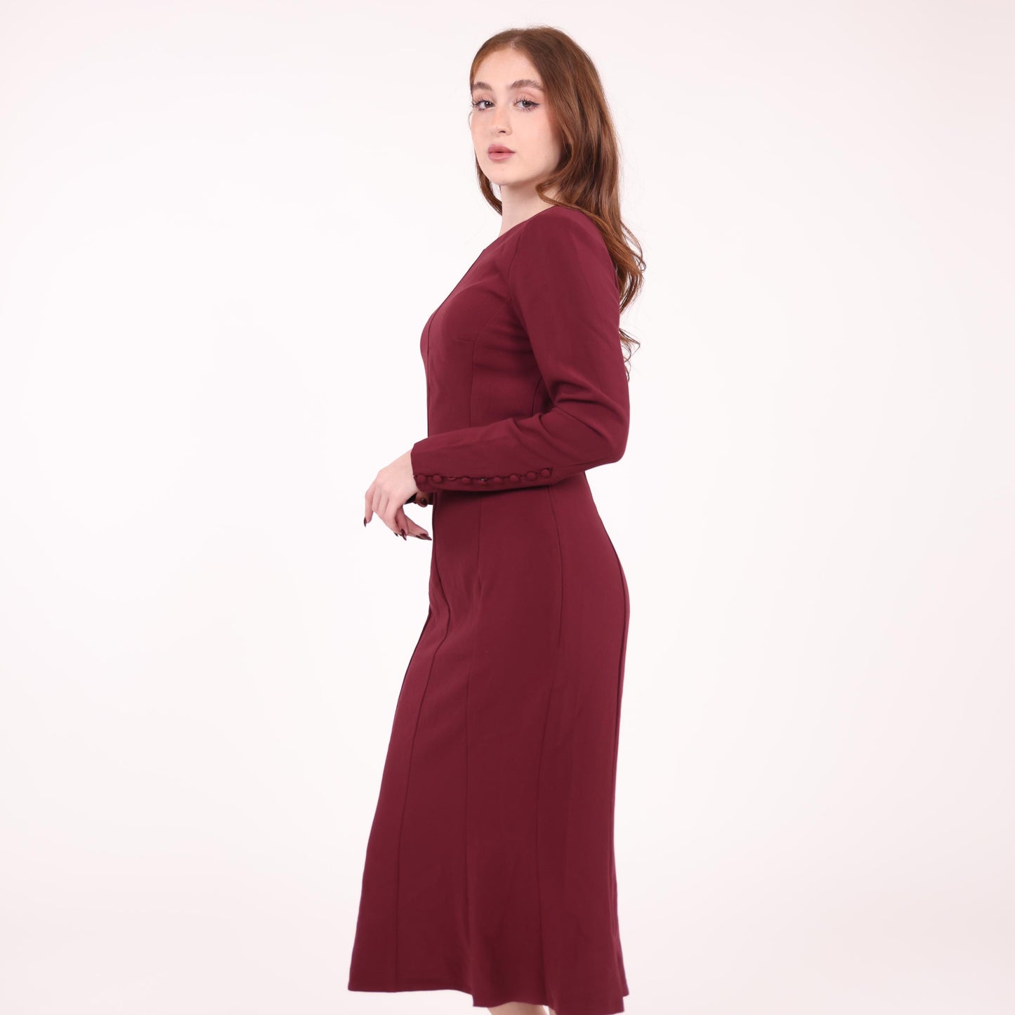Burgundy Long-Sleeve Midi Dress