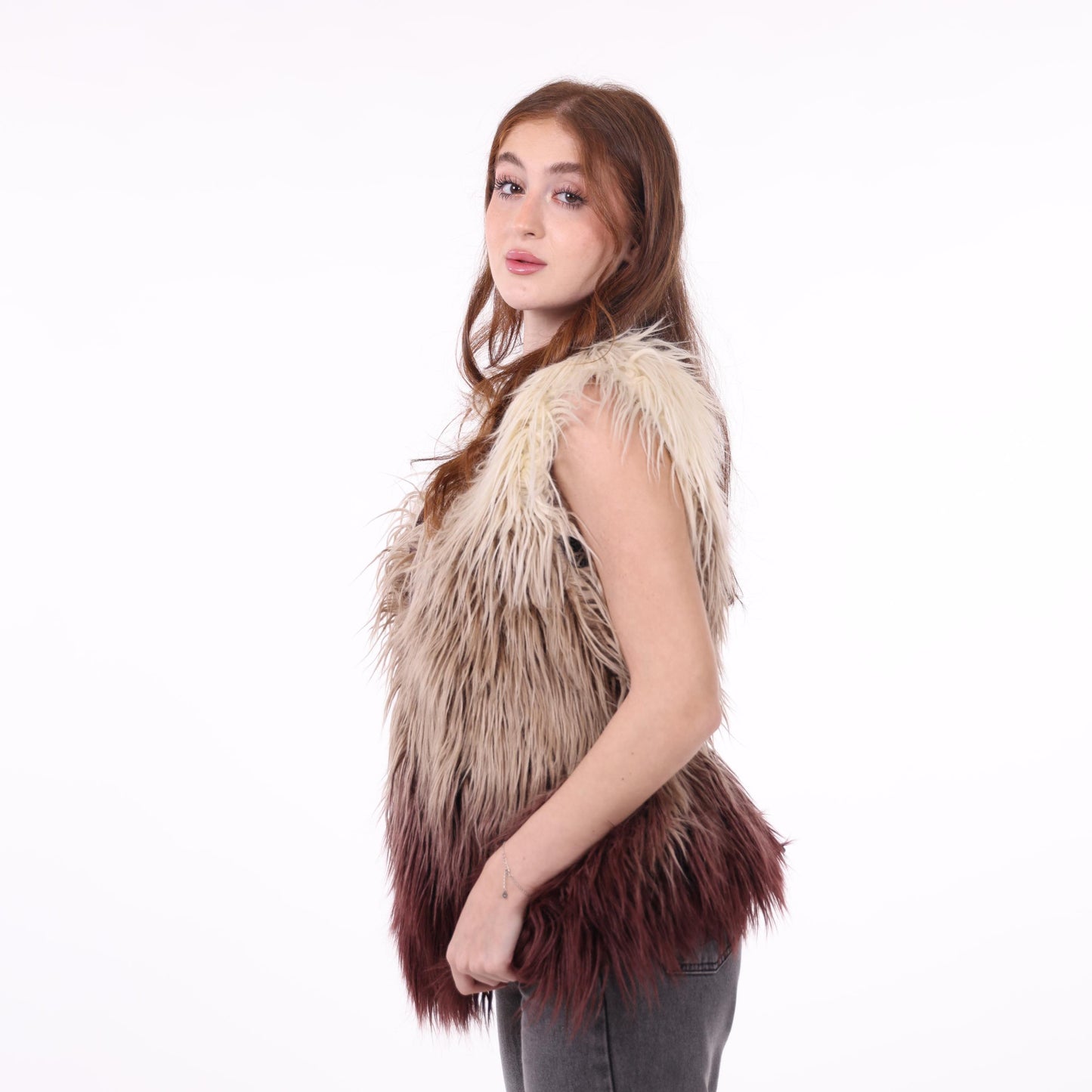 Ombre Faux Fur Vest in Beige and Burgundy