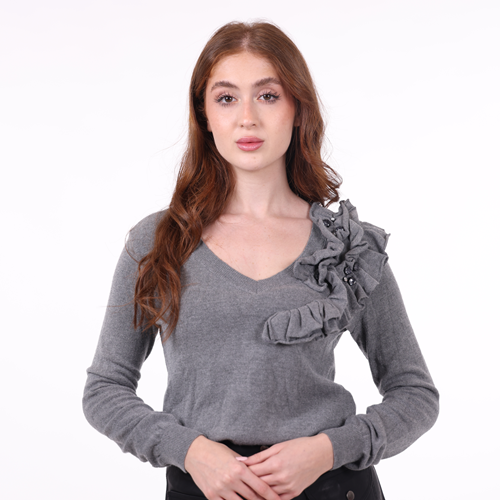 Gray Sweater with Ruffled Floral Accent