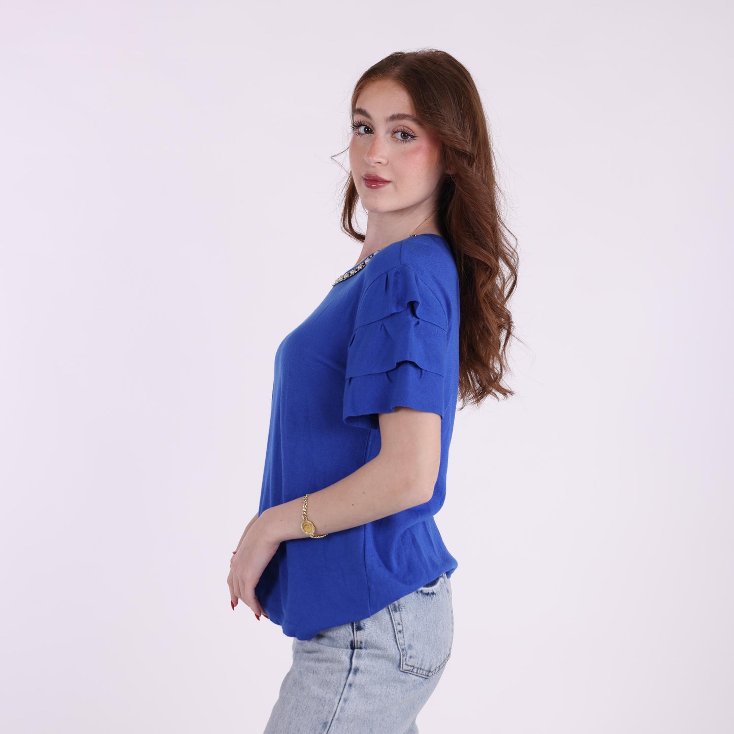 Royal Blue Ruffle Sleeve Top with Embellished Neckline
