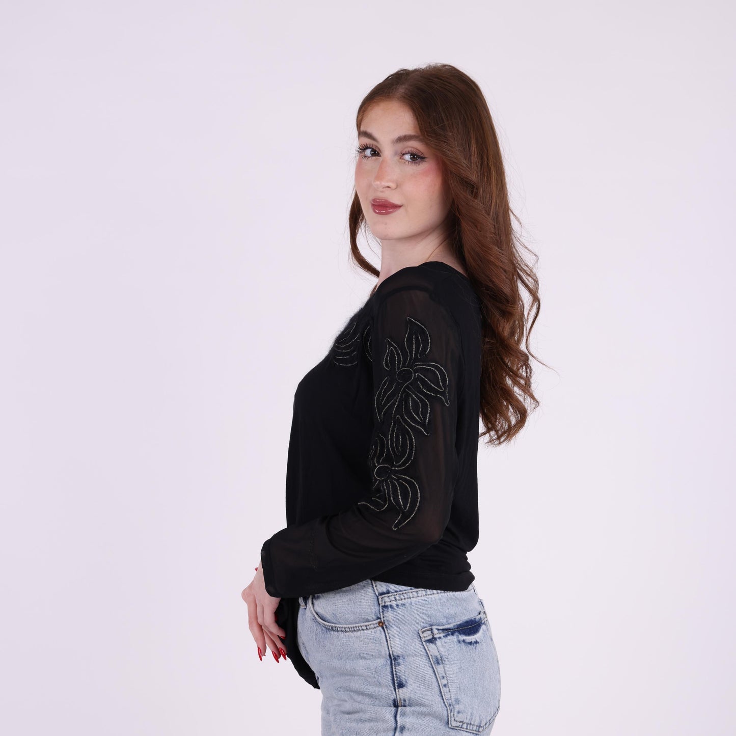 Black Sheer Sleeve Embroidered Top
