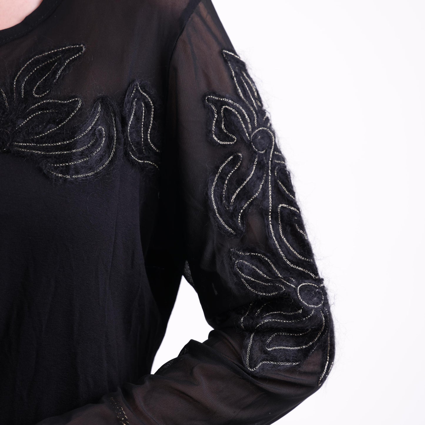 Black Sheer Sleeve Embroidered Top
