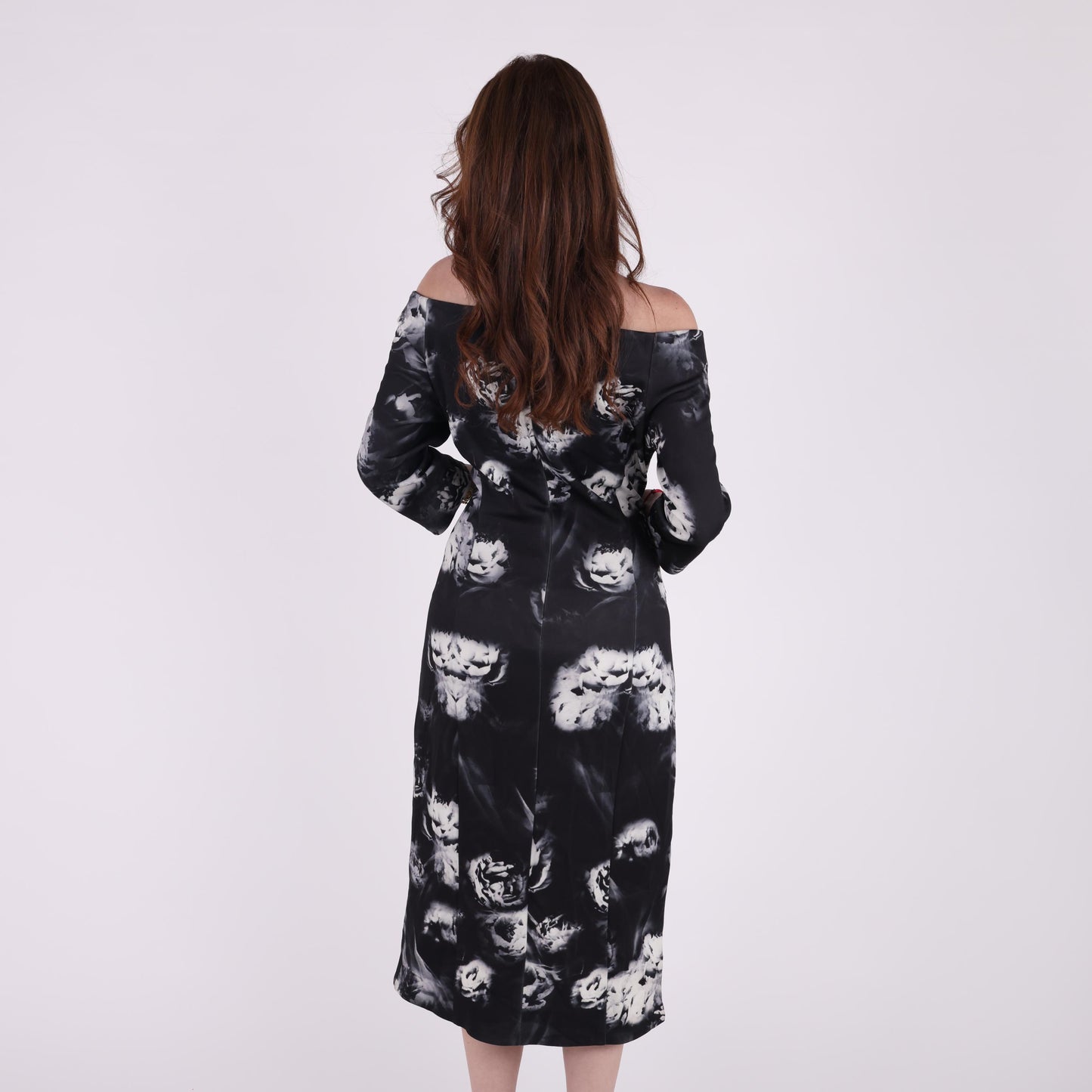 Off-Shoulder Black Midi Dress with White Abstract Floral Print