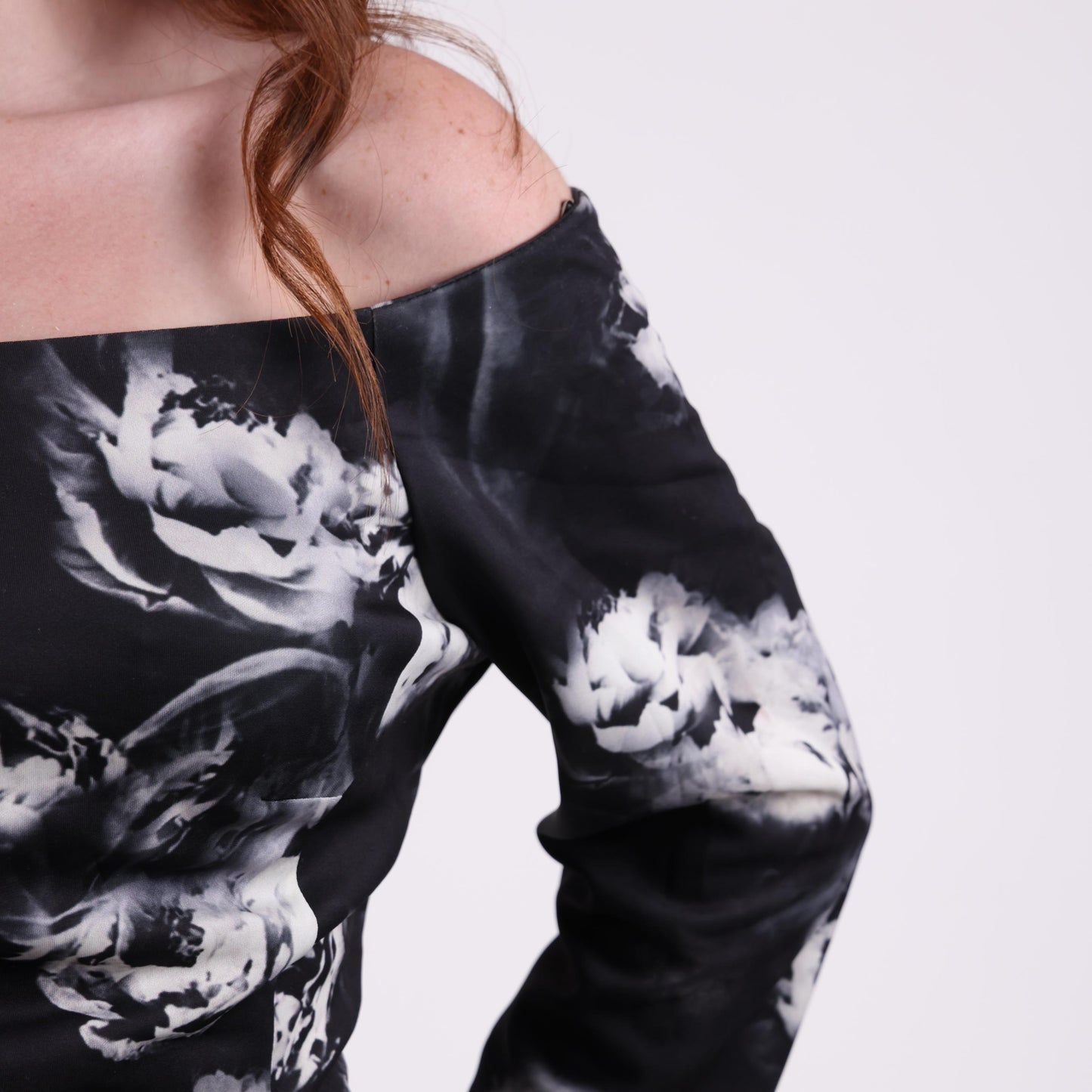 Off-Shoulder Black Midi Dress with White Abstract Floral Print