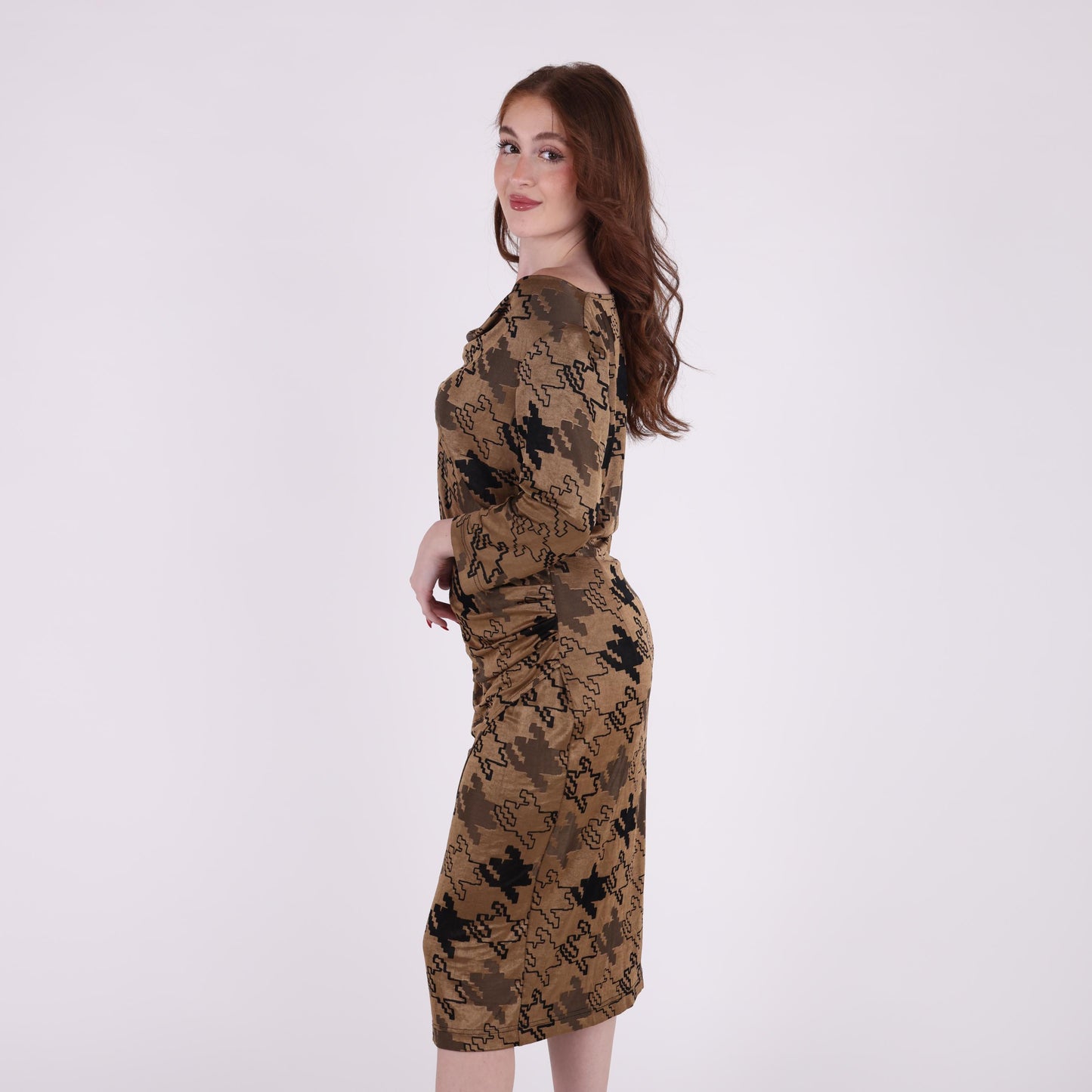 Printed Ruched Midi Dress with Long Sleeves in Earth Tones