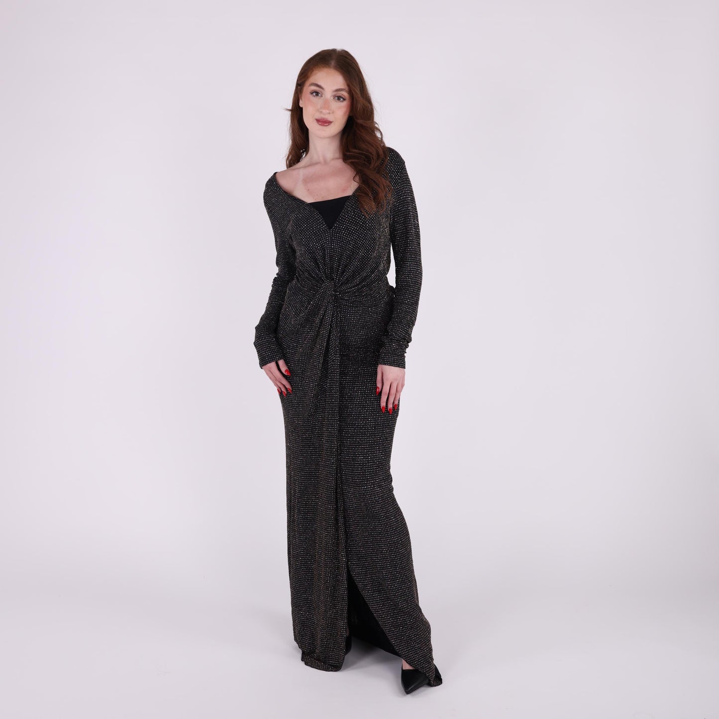 Shimmering Black Maxi Gown with Front Knot and Side Slit