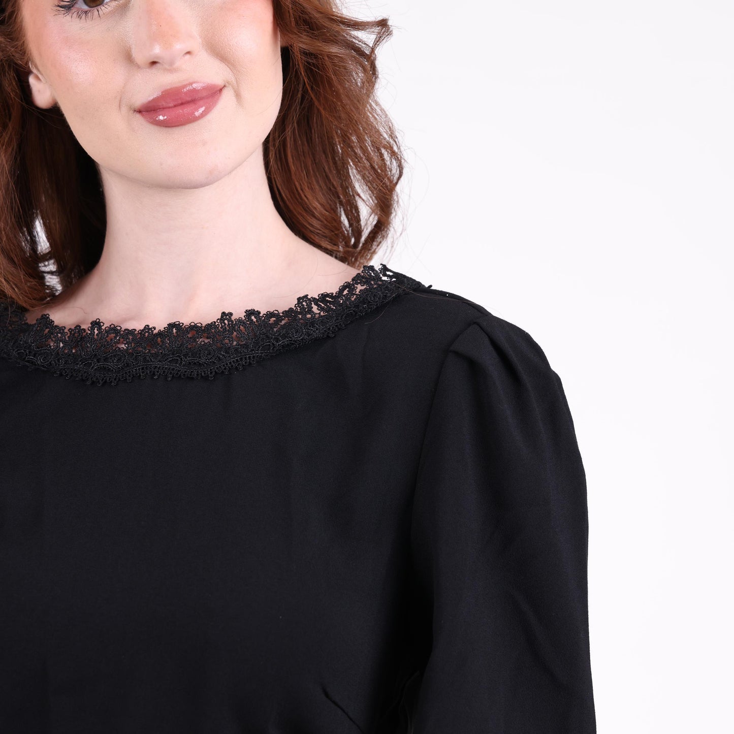 Classic Black Long Sleeve Mini Dress with Embellished Neckline