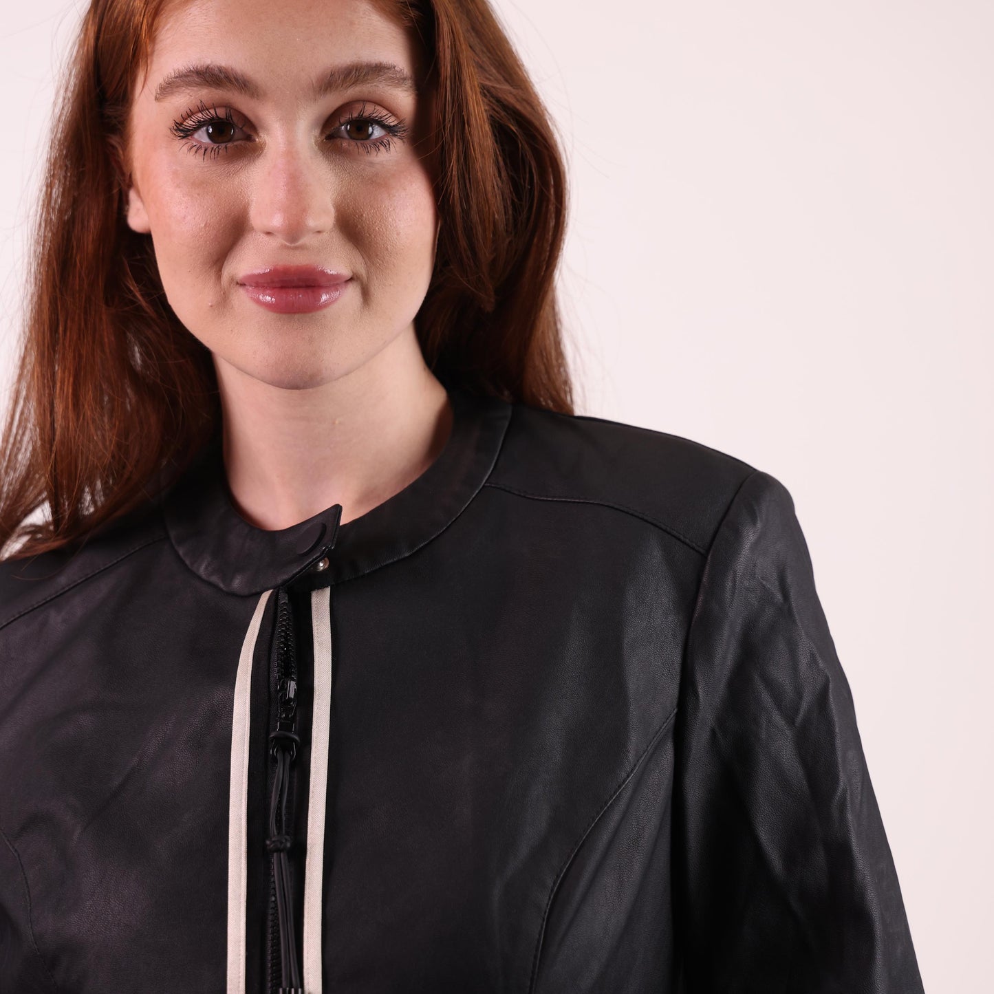 Black Faux Leather Jacket with Contrast Trim