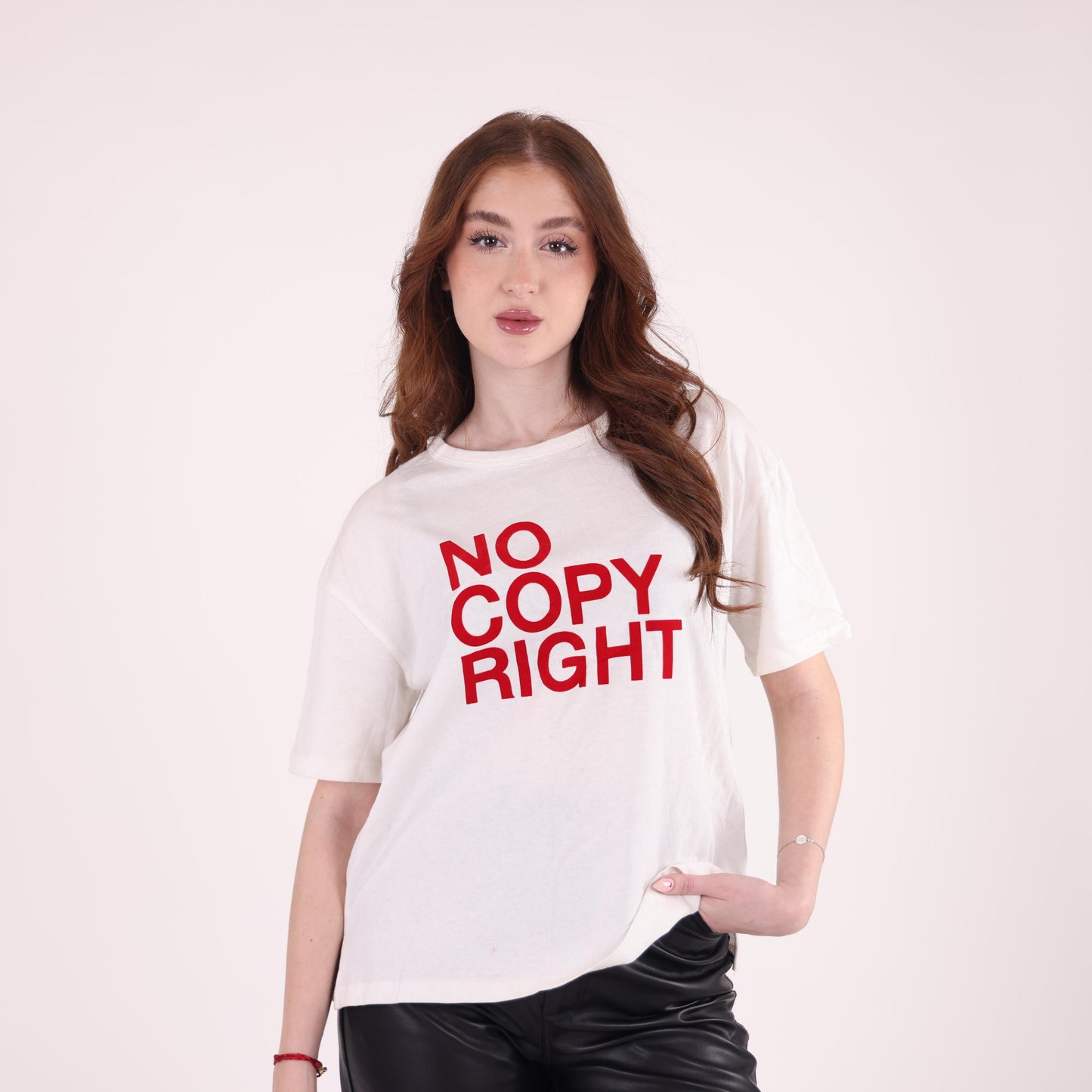 White Graphic T-Shirt with "No Copyright" Print
