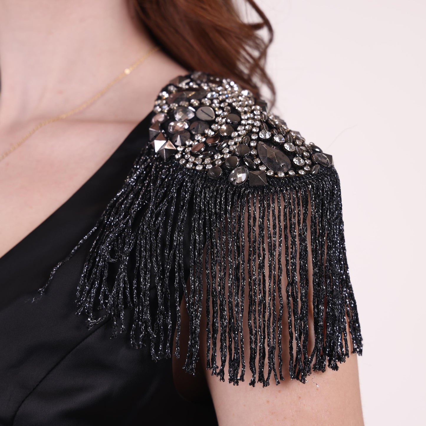 Black Satin Top with Embellished Fringe Shoulders