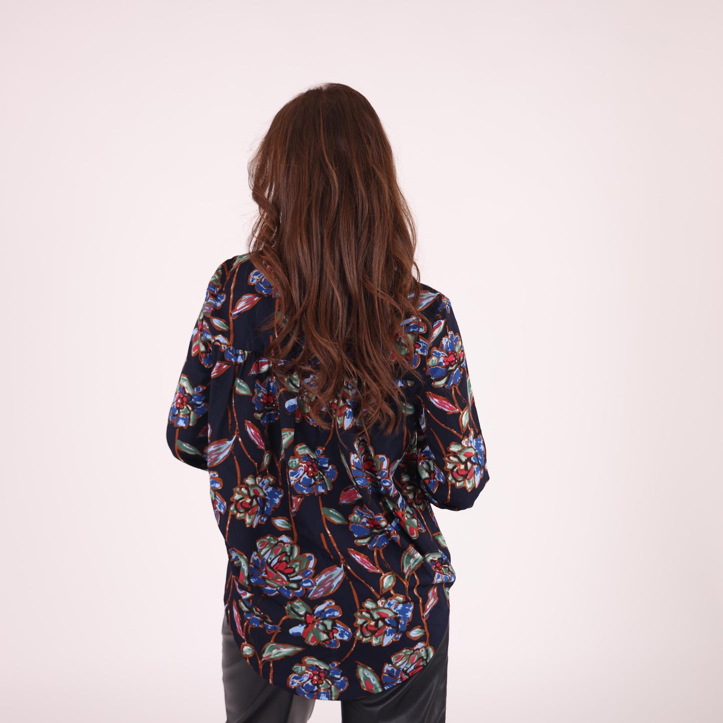 Navy Floral Print Button-Up Blouse