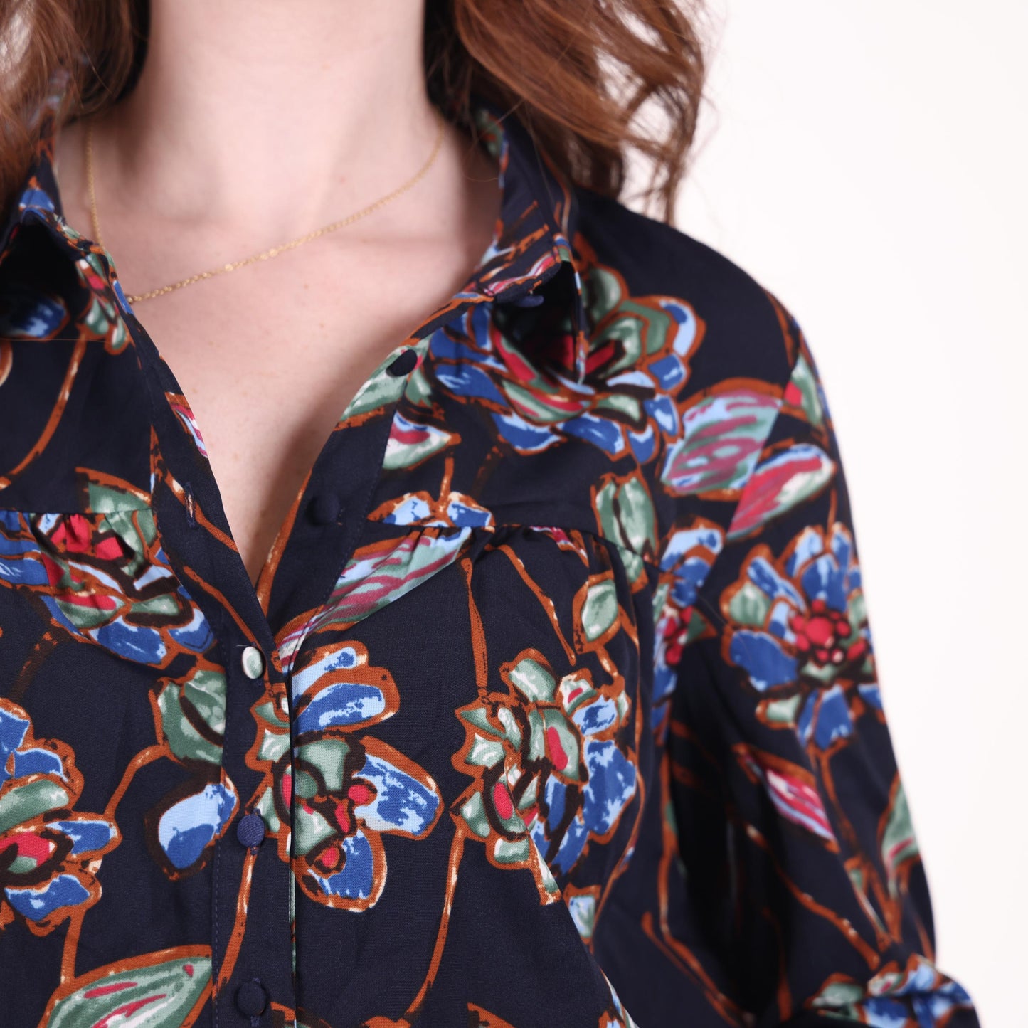 Navy Floral Print Button-Up Blouse