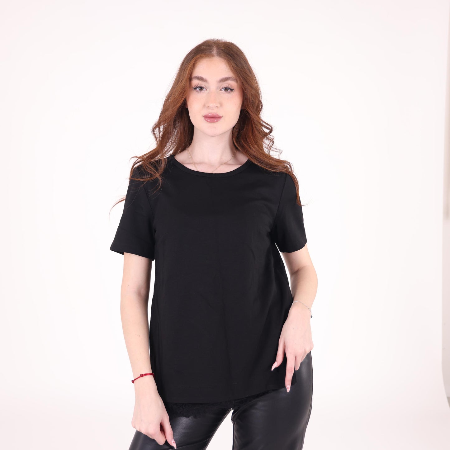 Black Crew-Neck T-Shirt with Lace Back