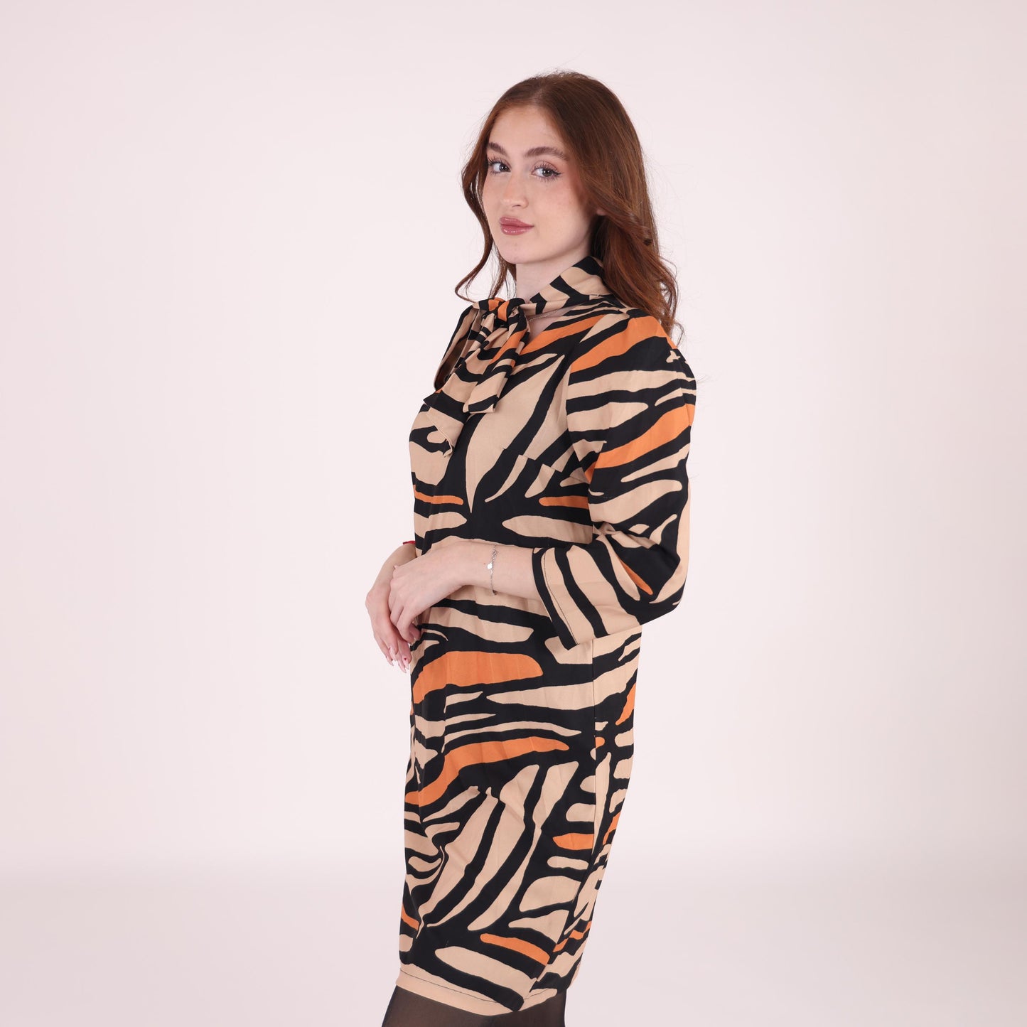 Beige and Orange Zebra Print Bow-Tie Dress