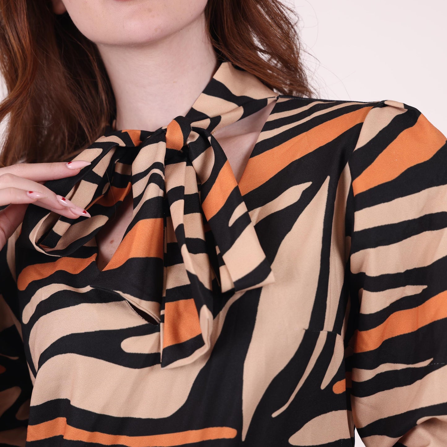 Beige and Orange Zebra Print Bow-Tie Dress