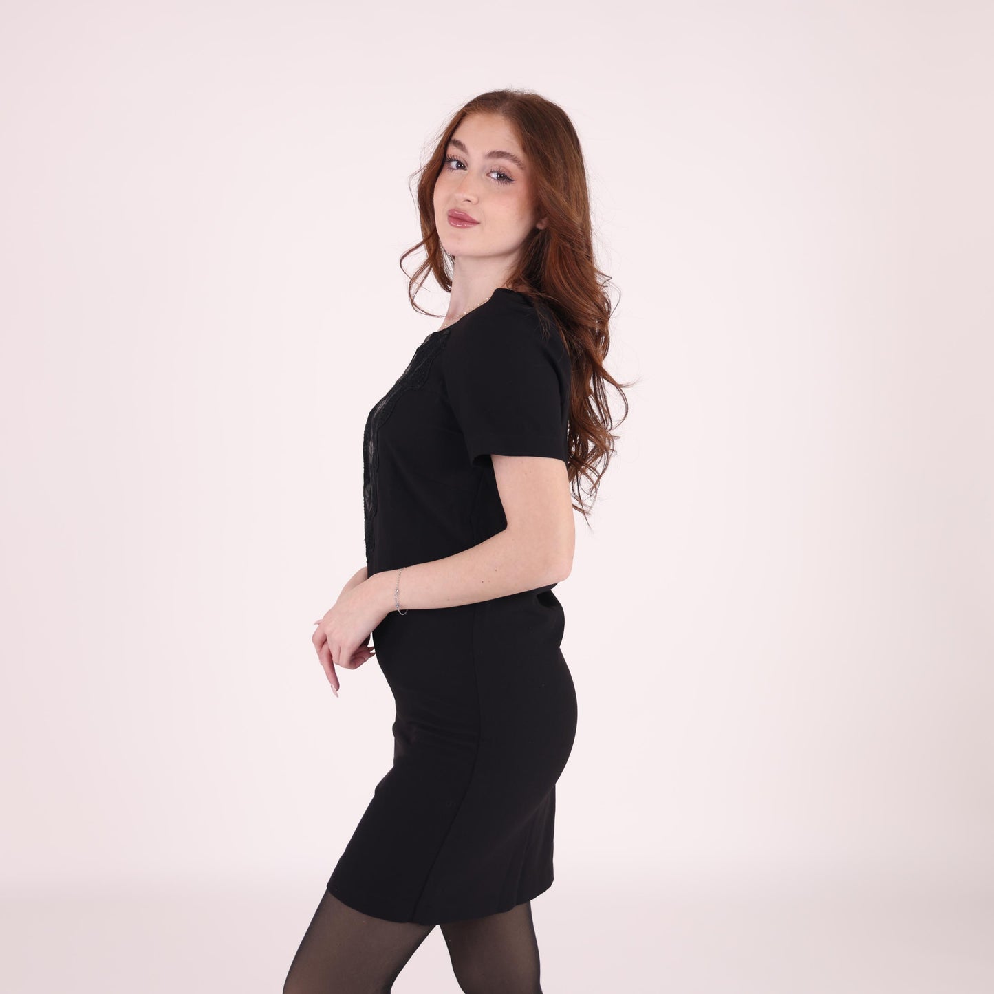 Black Embroidered Short-Sleeve Dress
