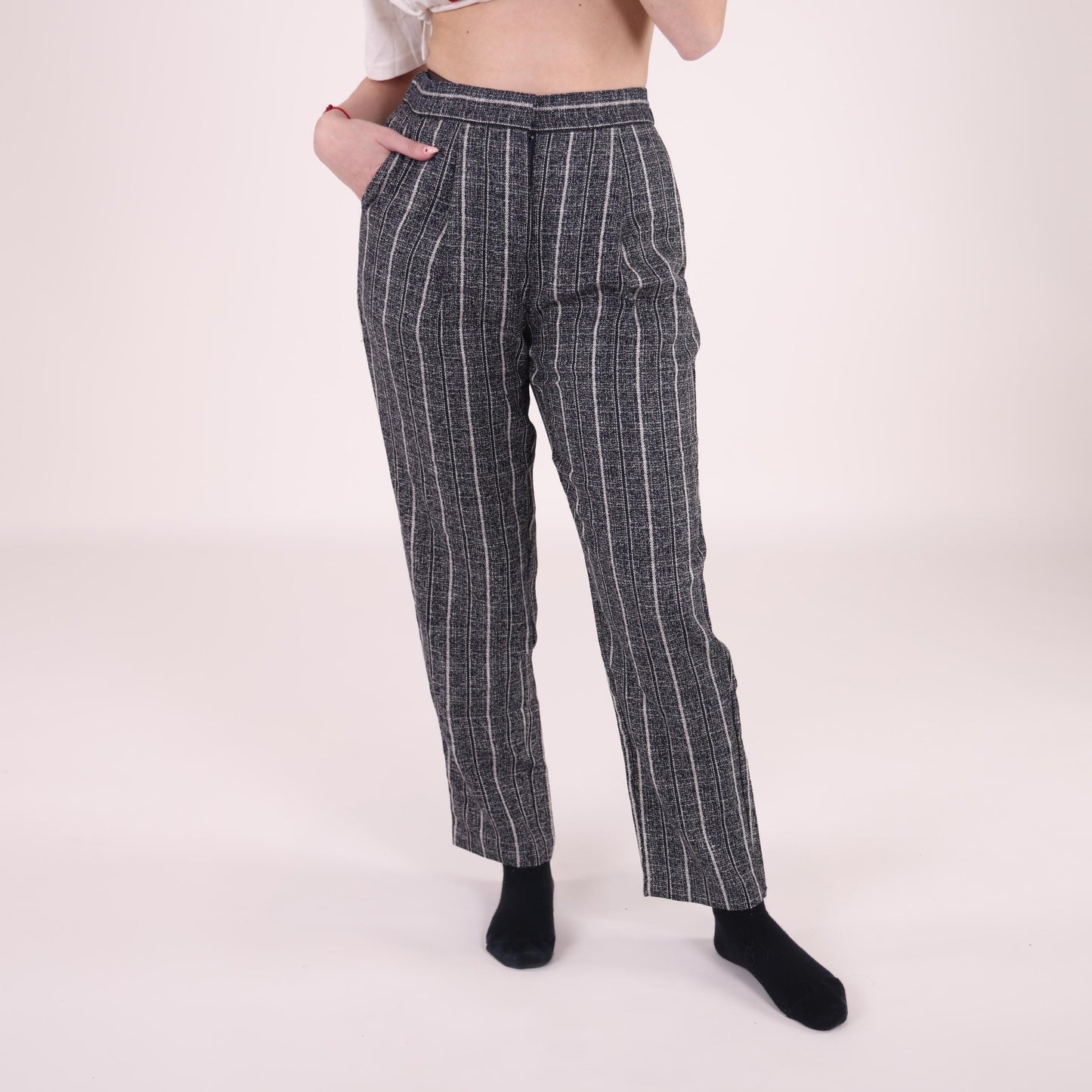 Gray Pinstripe High-Waisted Trousers