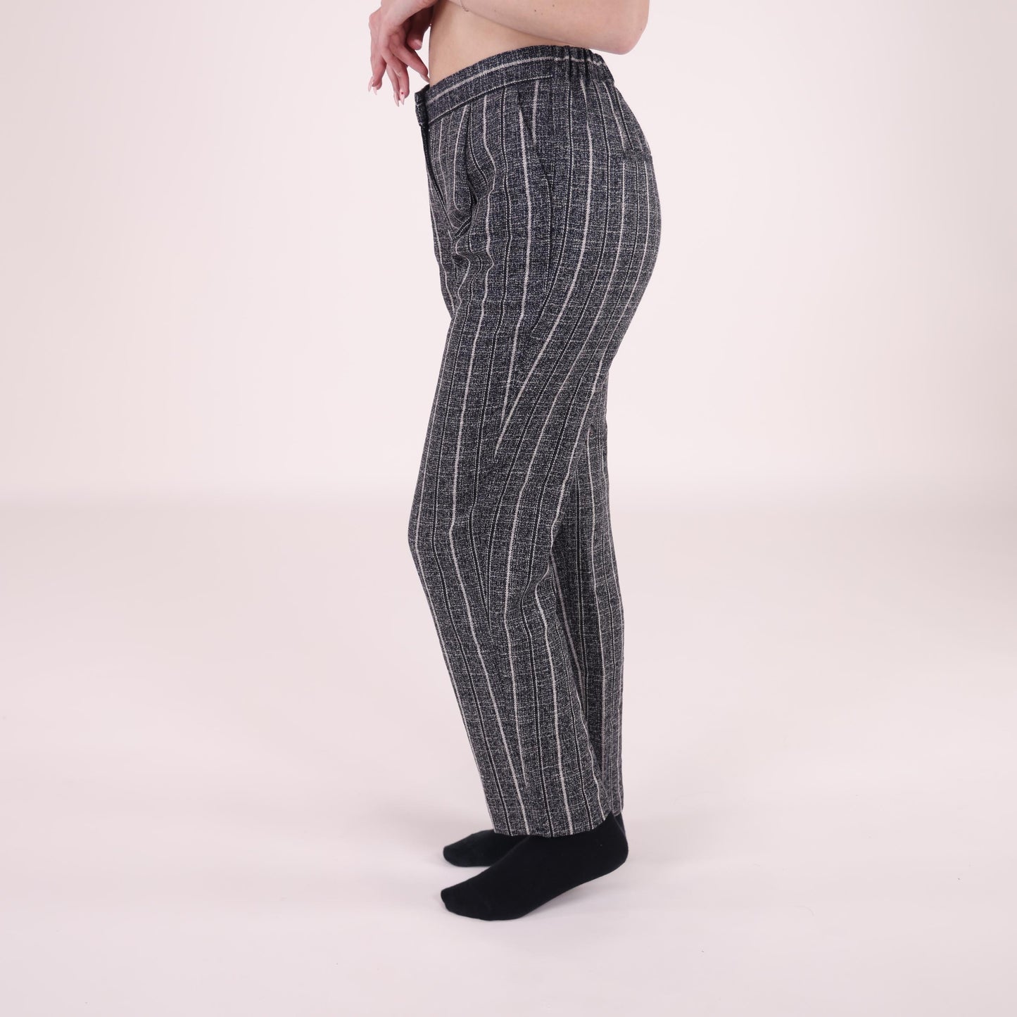Gray Pinstripe High-Waisted Trousers