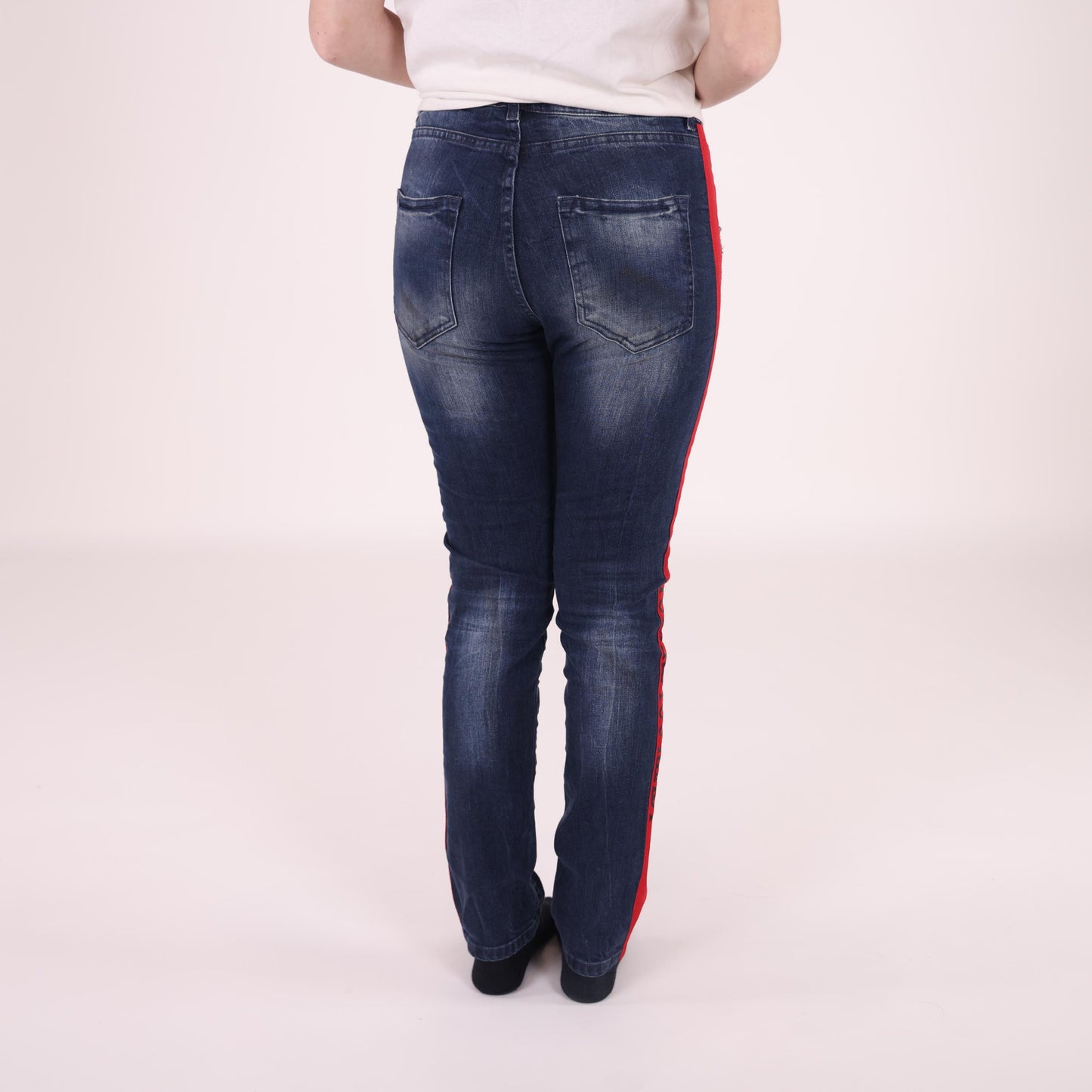 Distressed Dark Blue Jeans with Red Side Stripes