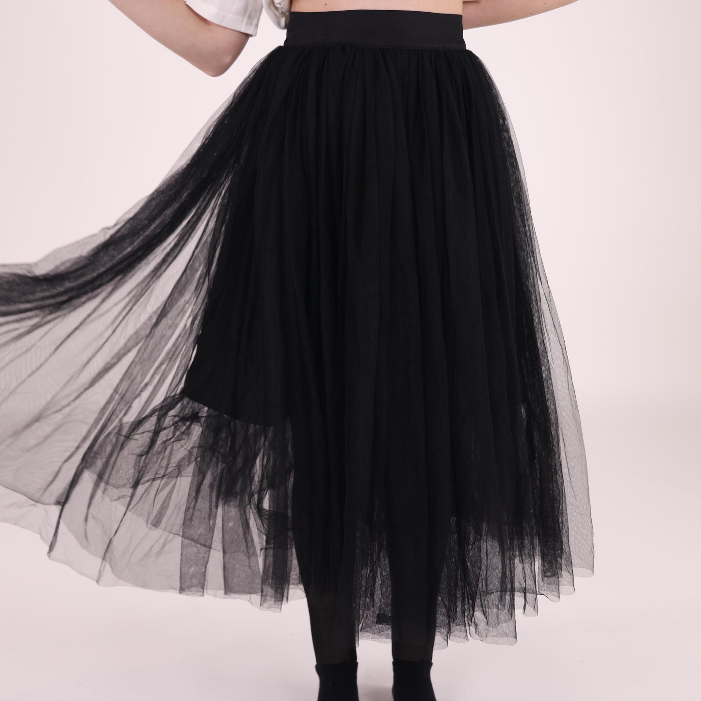 Black Layered Tulle Midi Skirt