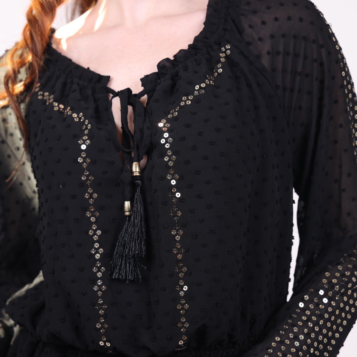 Black Sheer Maxi Dress with Polka Dot Texture
