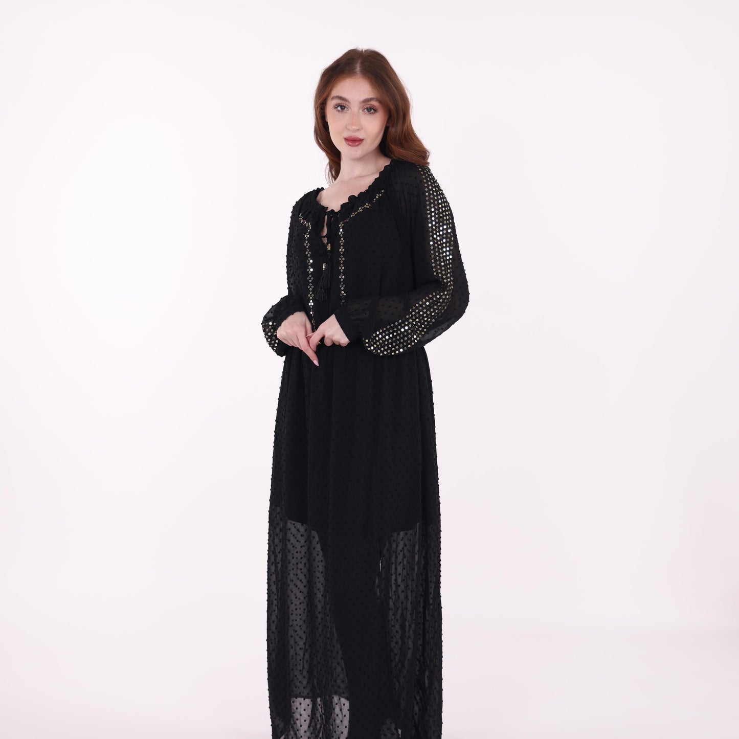 Black Sheer Maxi Dress with Polka Dot Texture