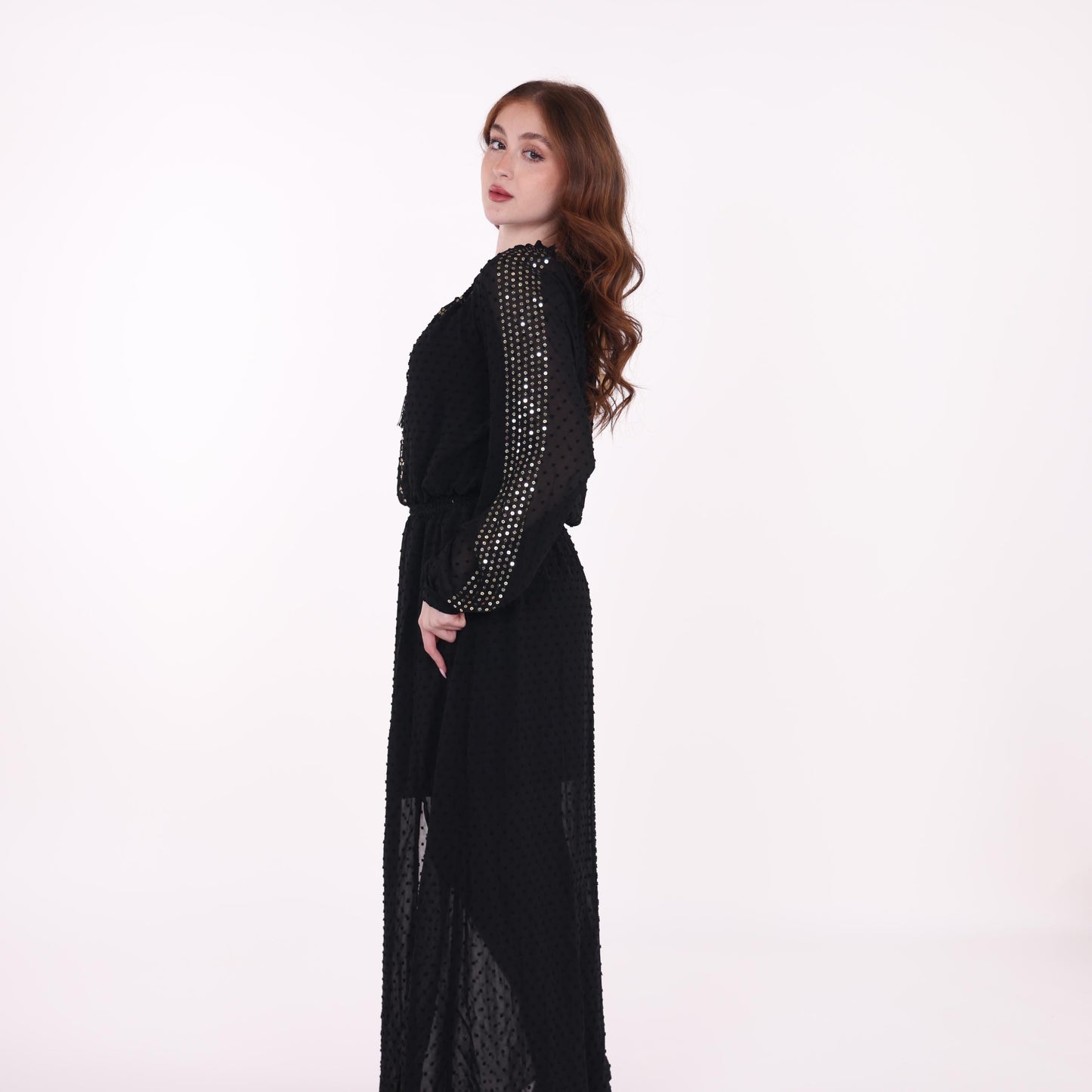 Black Sheer Maxi Dress with Polka Dot Texture