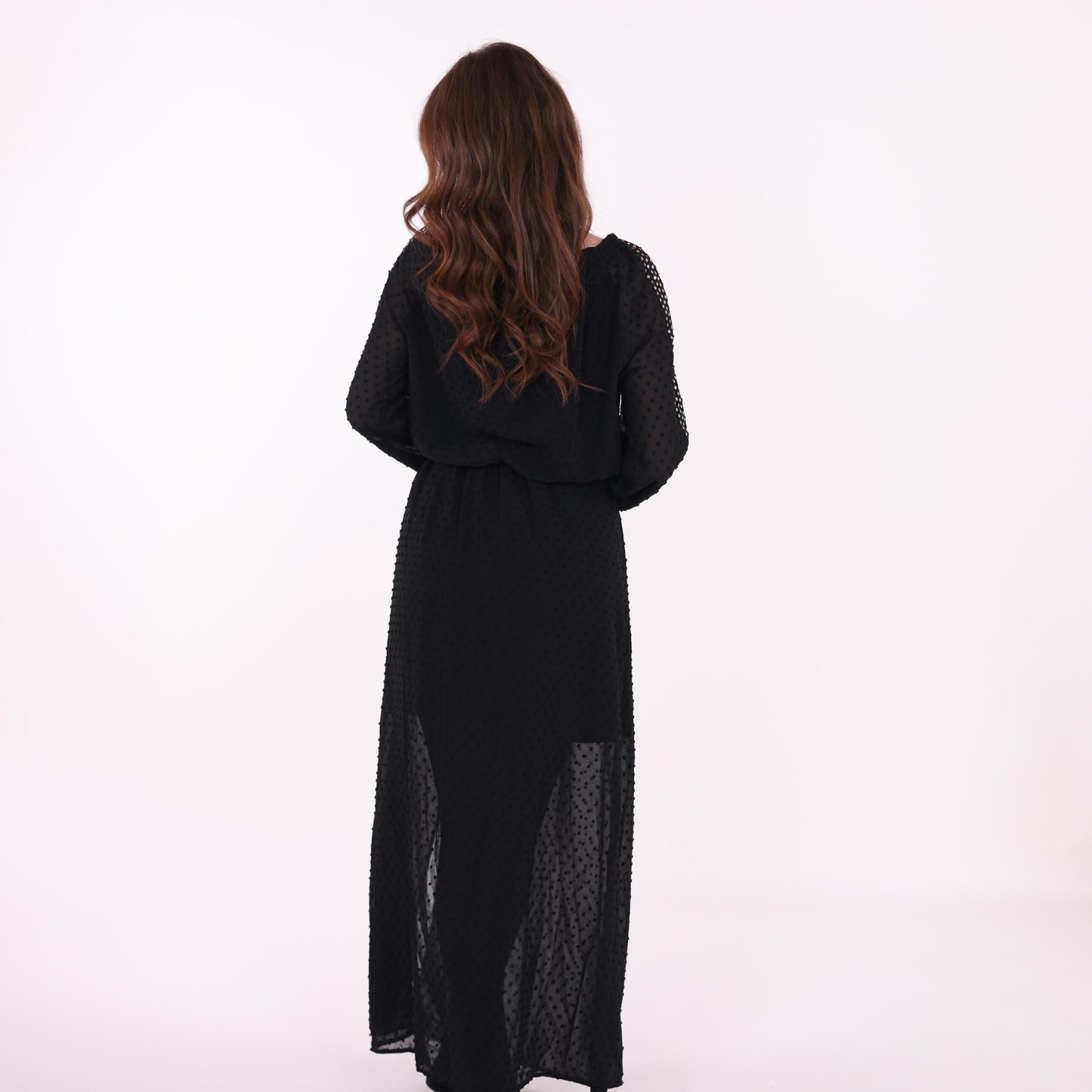 Black Sheer Maxi Dress with Polka Dot Texture