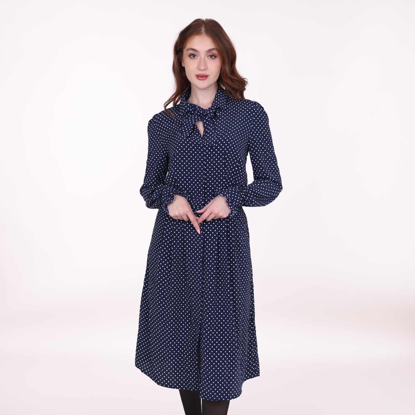 Navy Blue Polka Dot Midi Dress with Bow Tie Neck