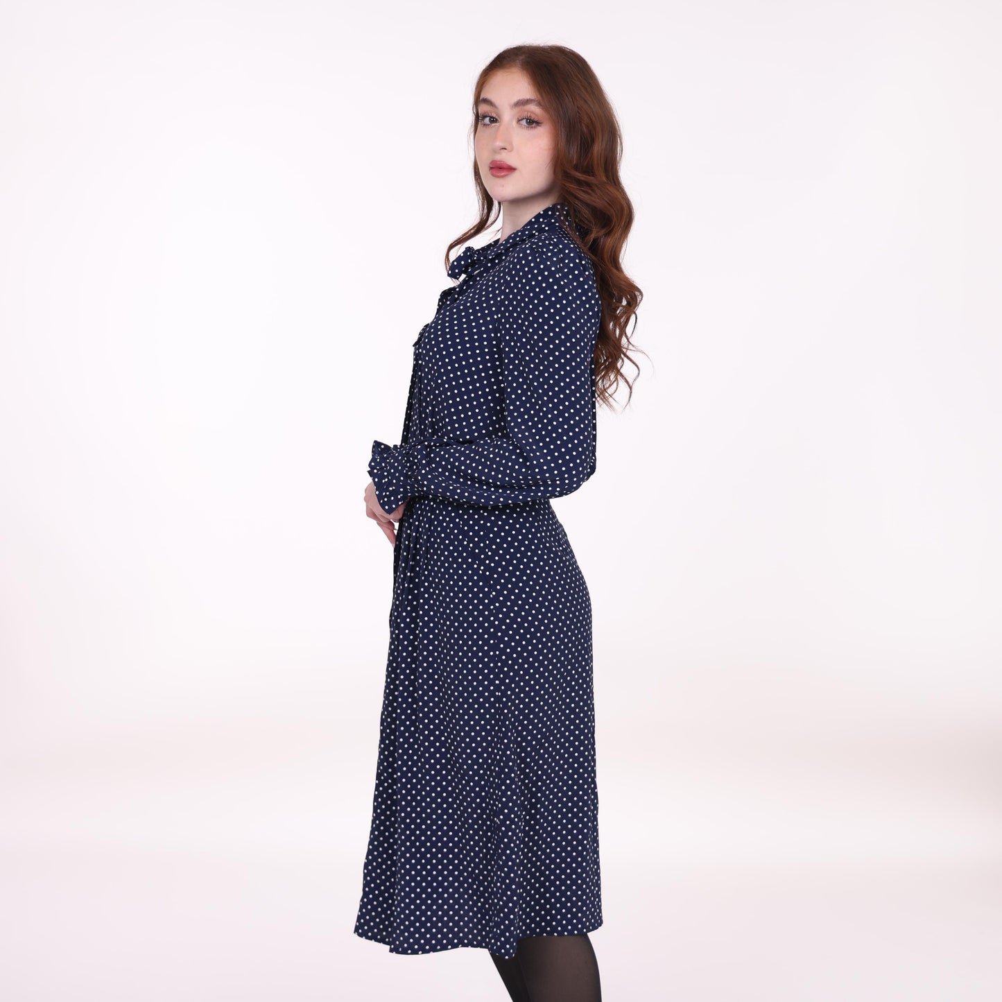 Navy Blue Polka Dot Midi Dress with Bow Tie Neck