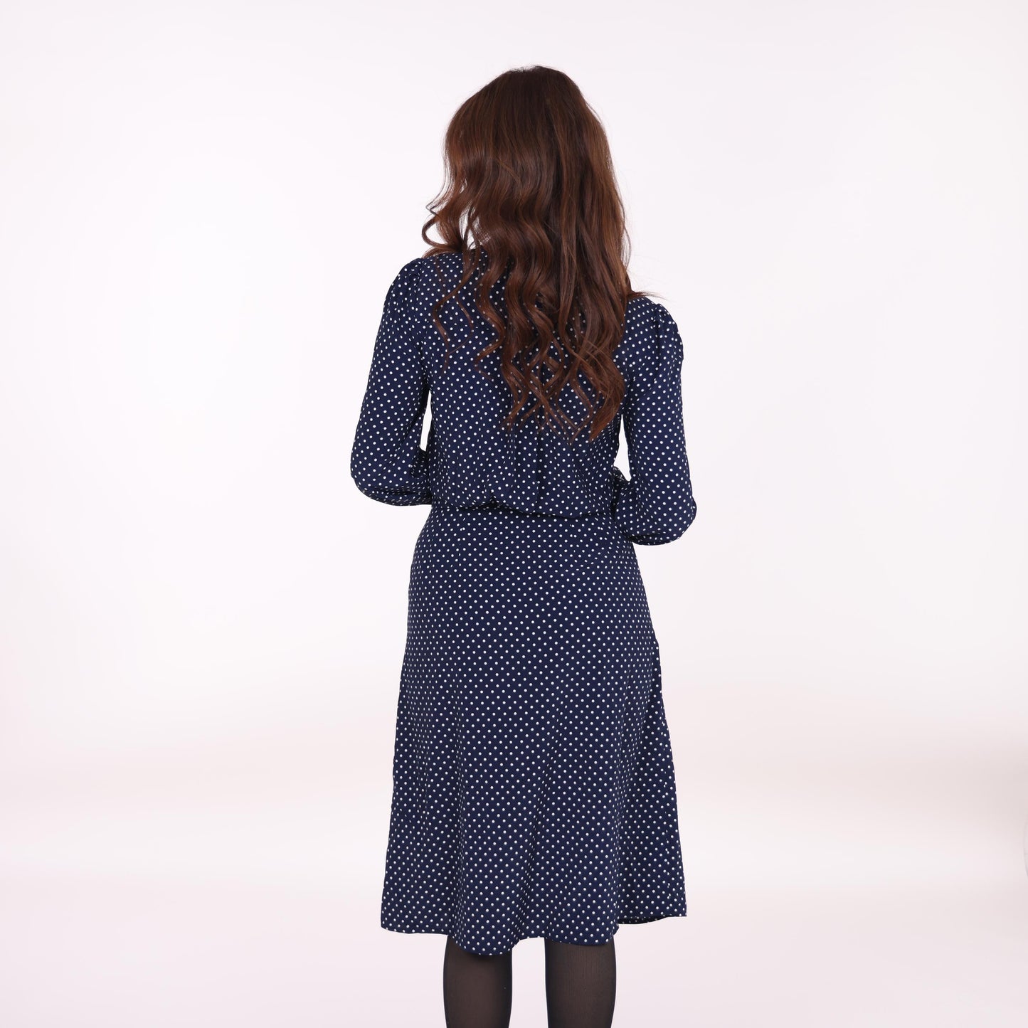 Navy Blue Polka Dot Midi Dress with Bow Tie Neck