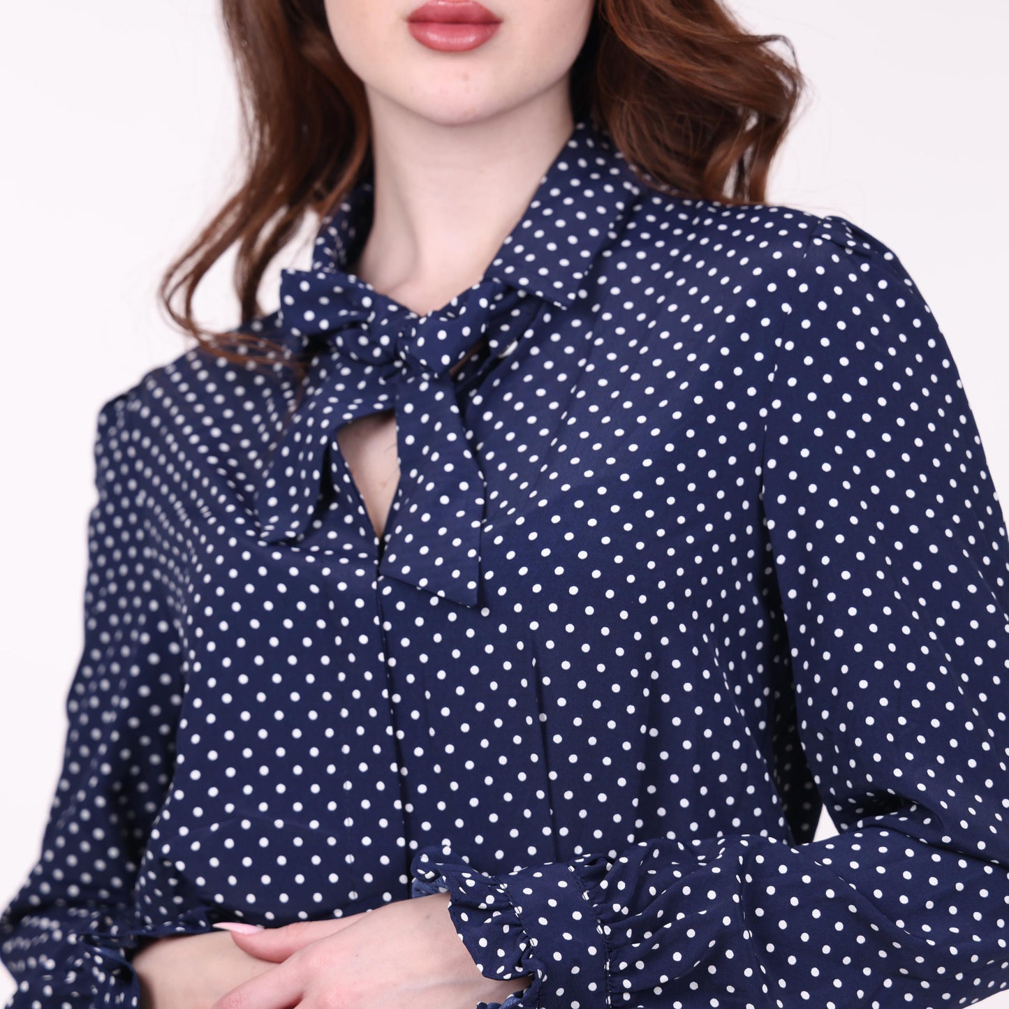 Navy Blue Polka Dot Midi Dress with Bow Tie Neck