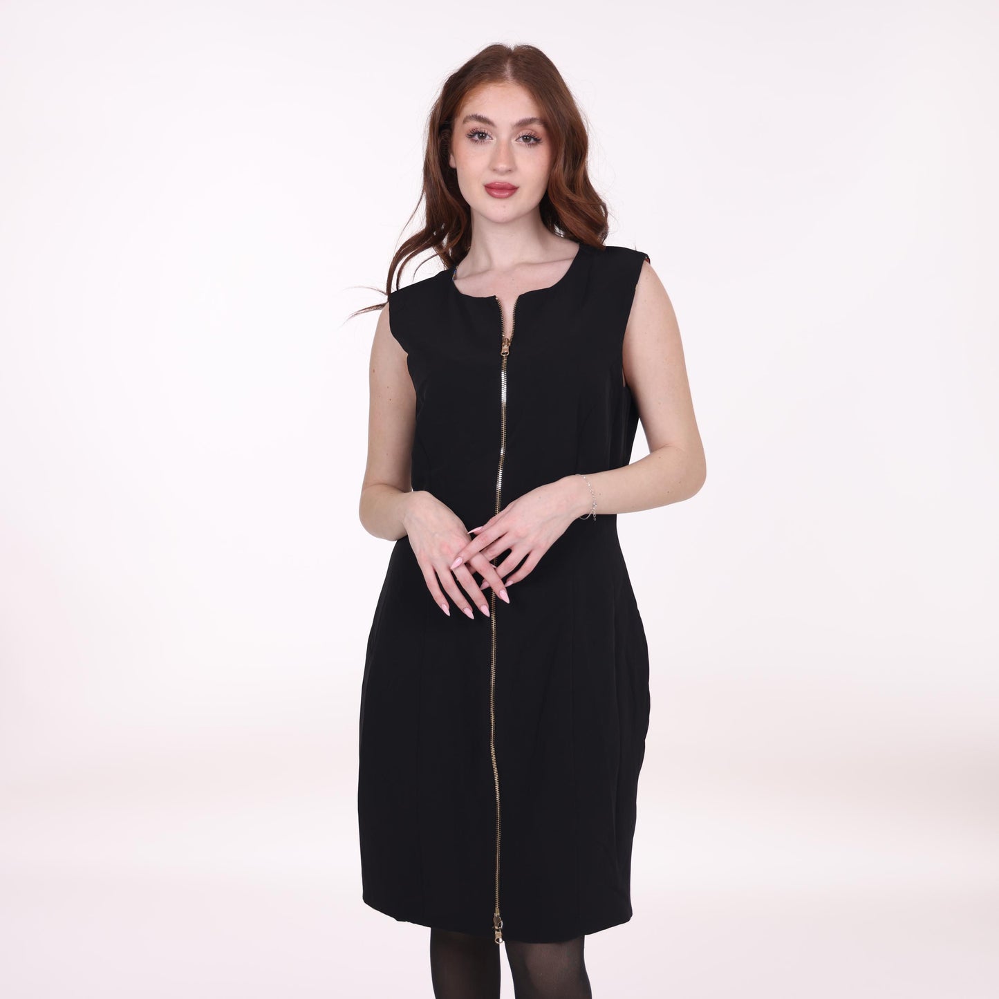Black Sleeveless Zip-Front Midi Dress