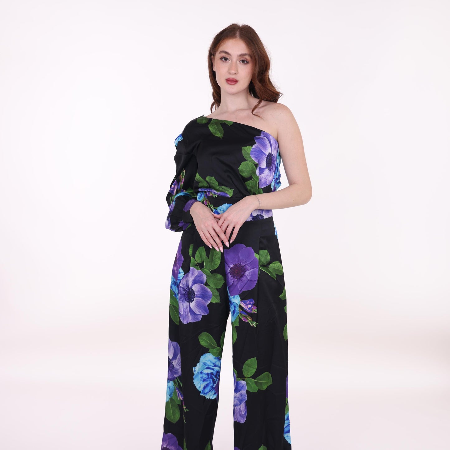 Off-Shoulder Black Floral Jumpsuit with Wide Legs