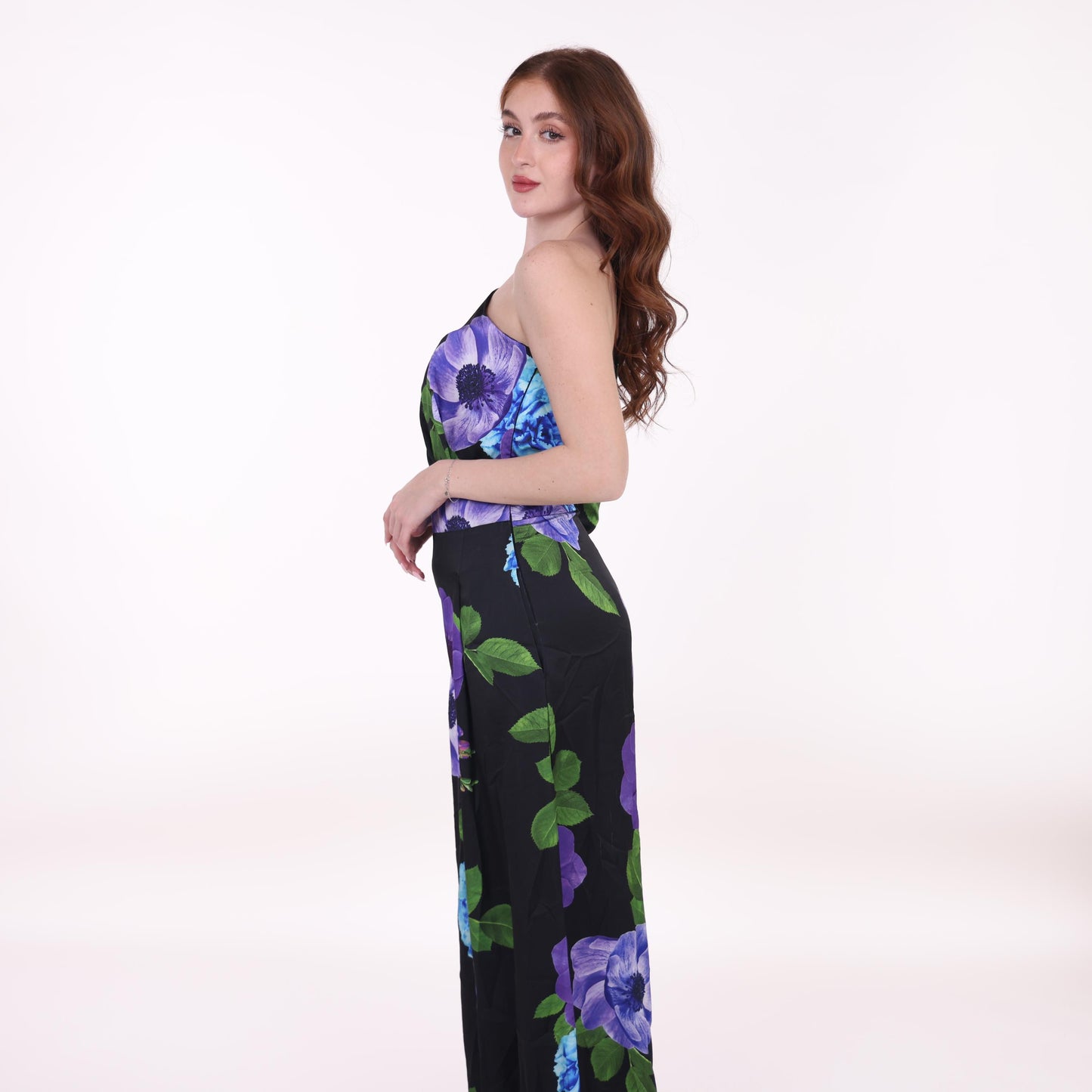 Off-Shoulder Black Floral Jumpsuit with Wide Legs