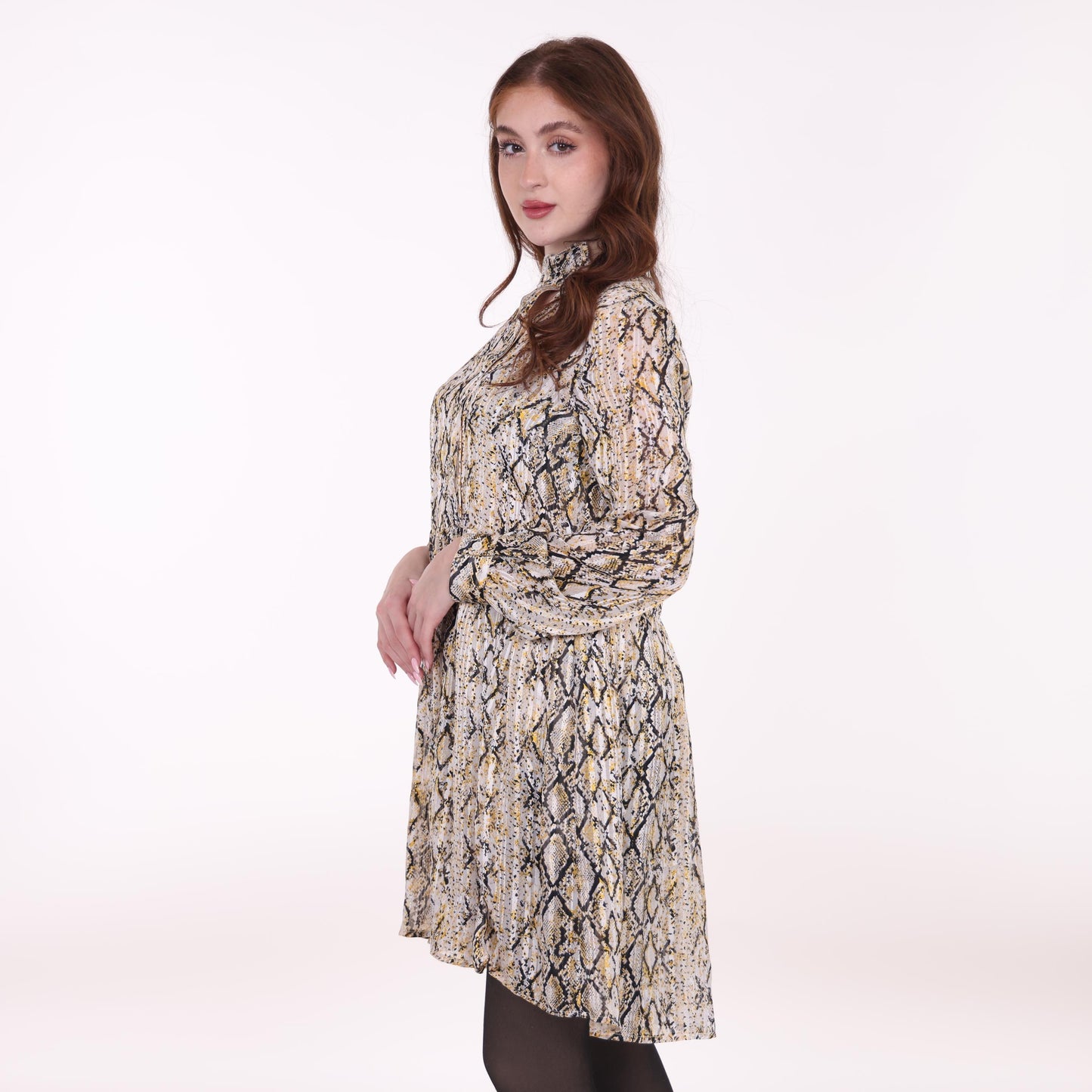 Snake Print Long-Sleeve Dress with High Neck