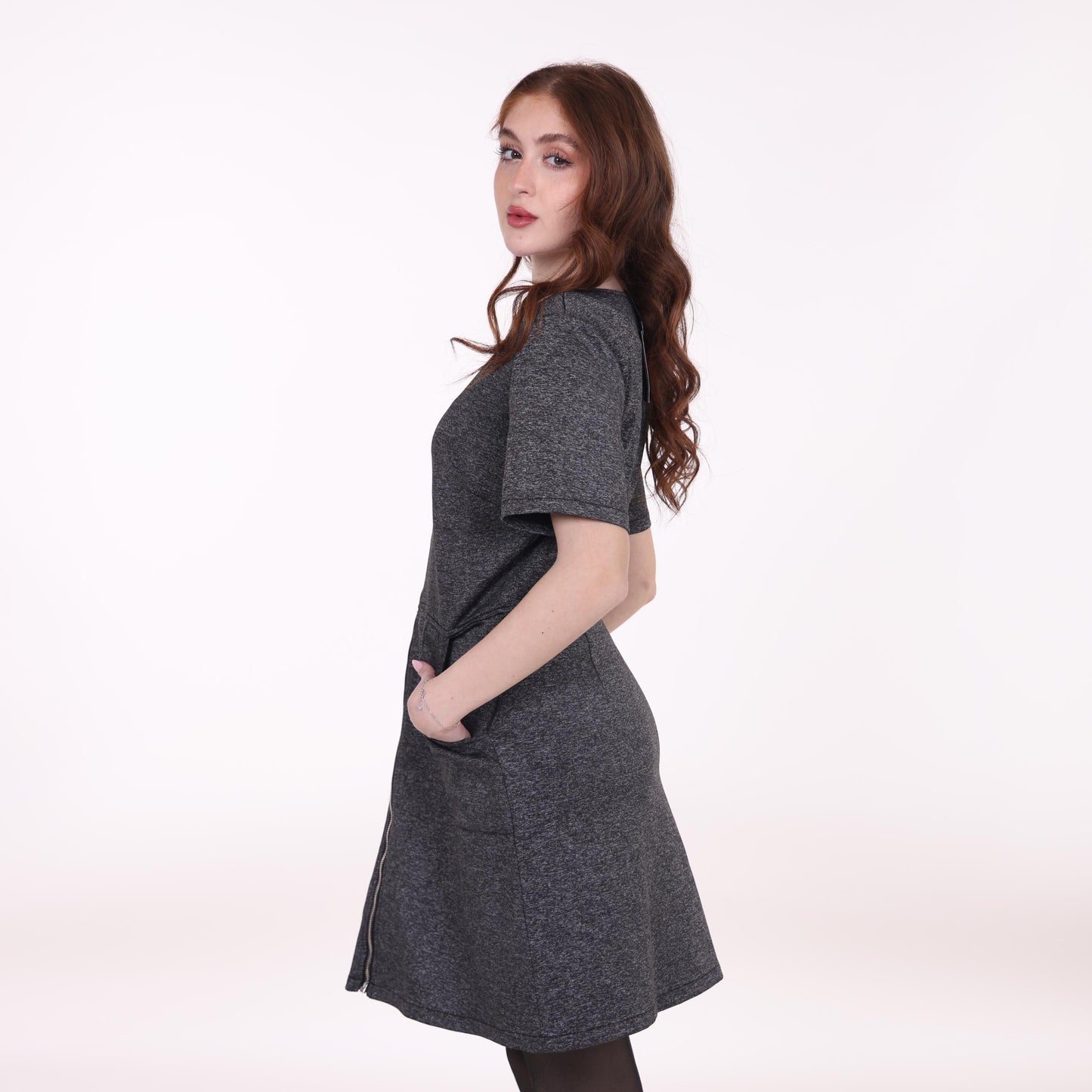 Charcoal Zip-Front Dress with Short Sleeves and Pockets