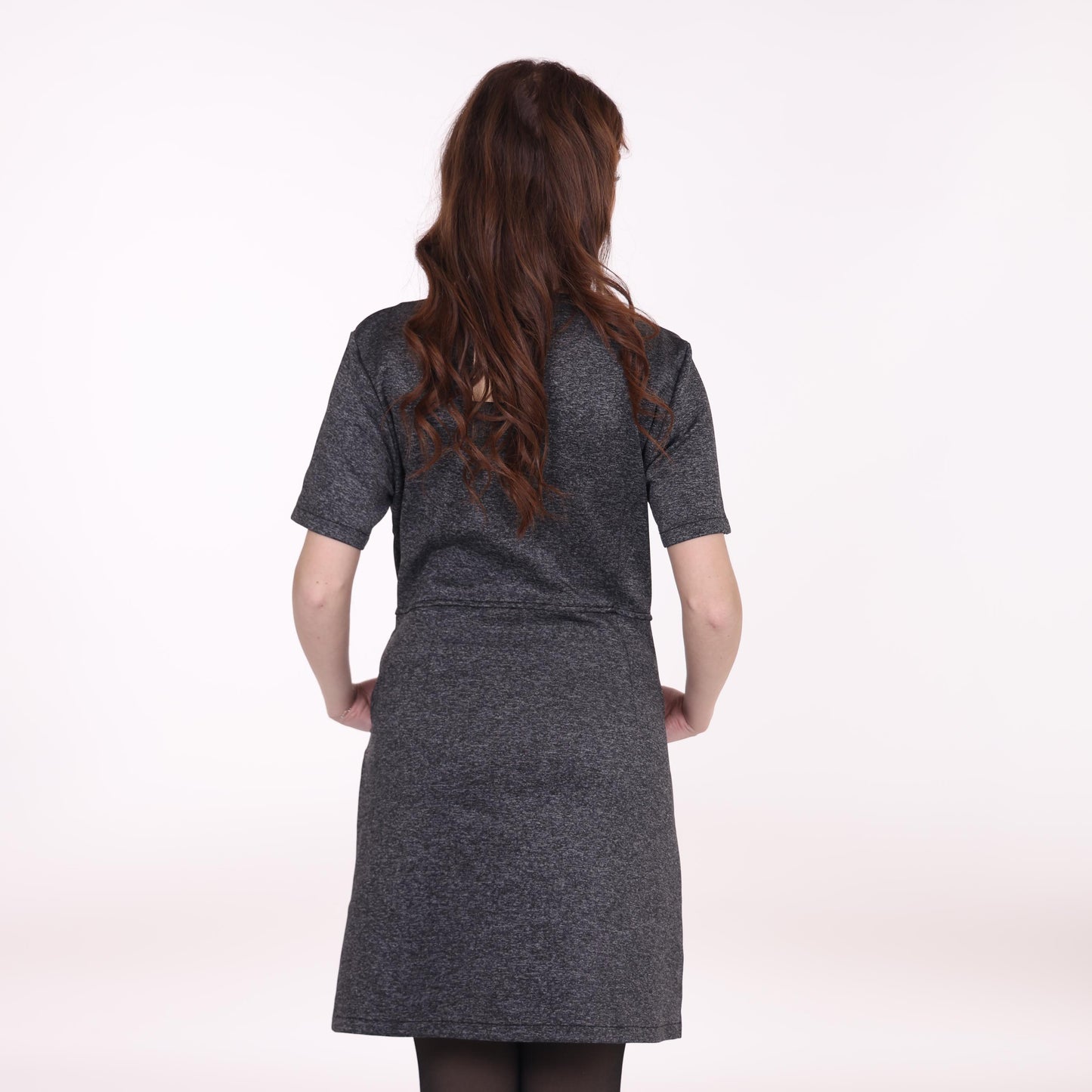 Charcoal Zip-Front Dress with Short Sleeves and Pockets