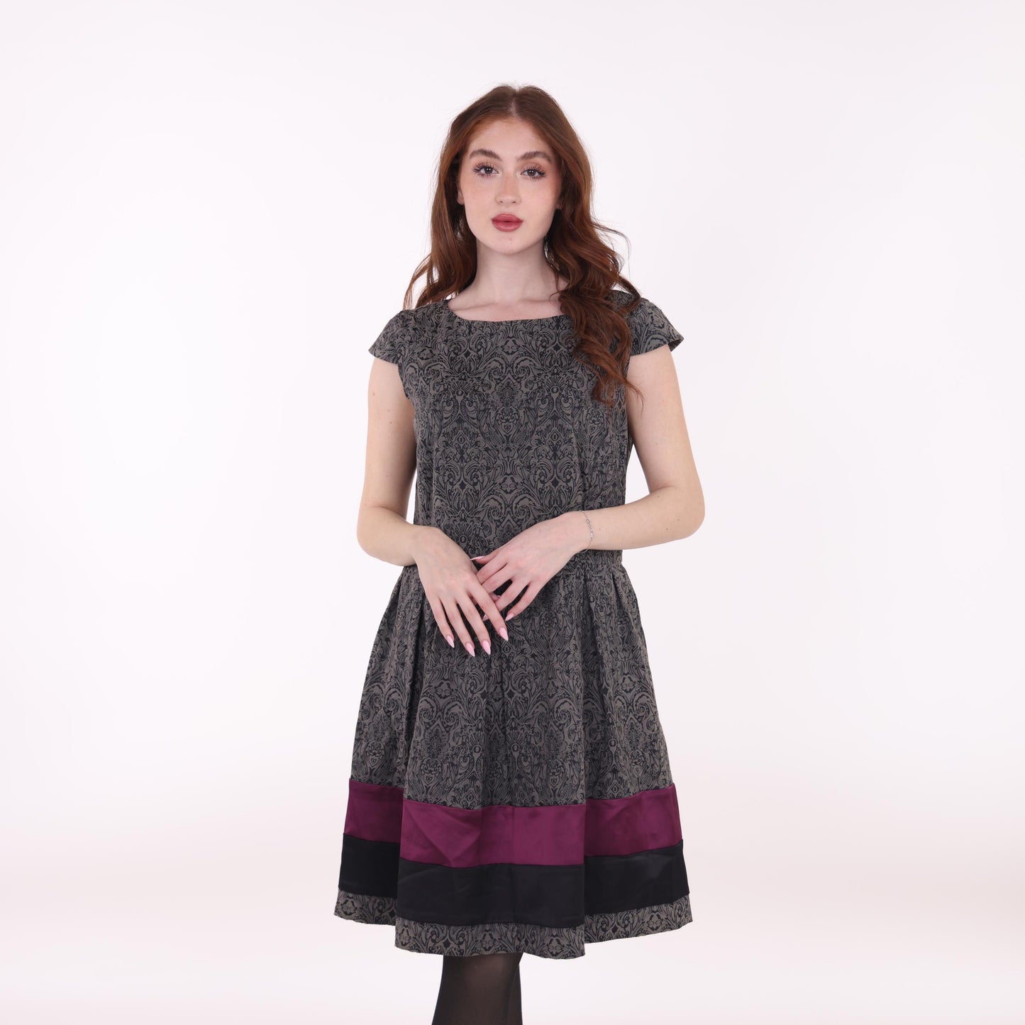 Jacquard Fit-and-Flare Dress with Colorblock Hem