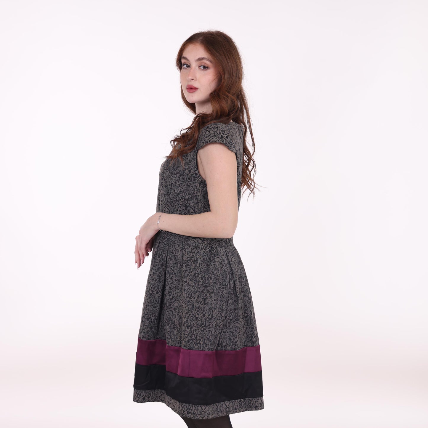 Jacquard Fit-and-Flare Dress with Colorblock Hem
