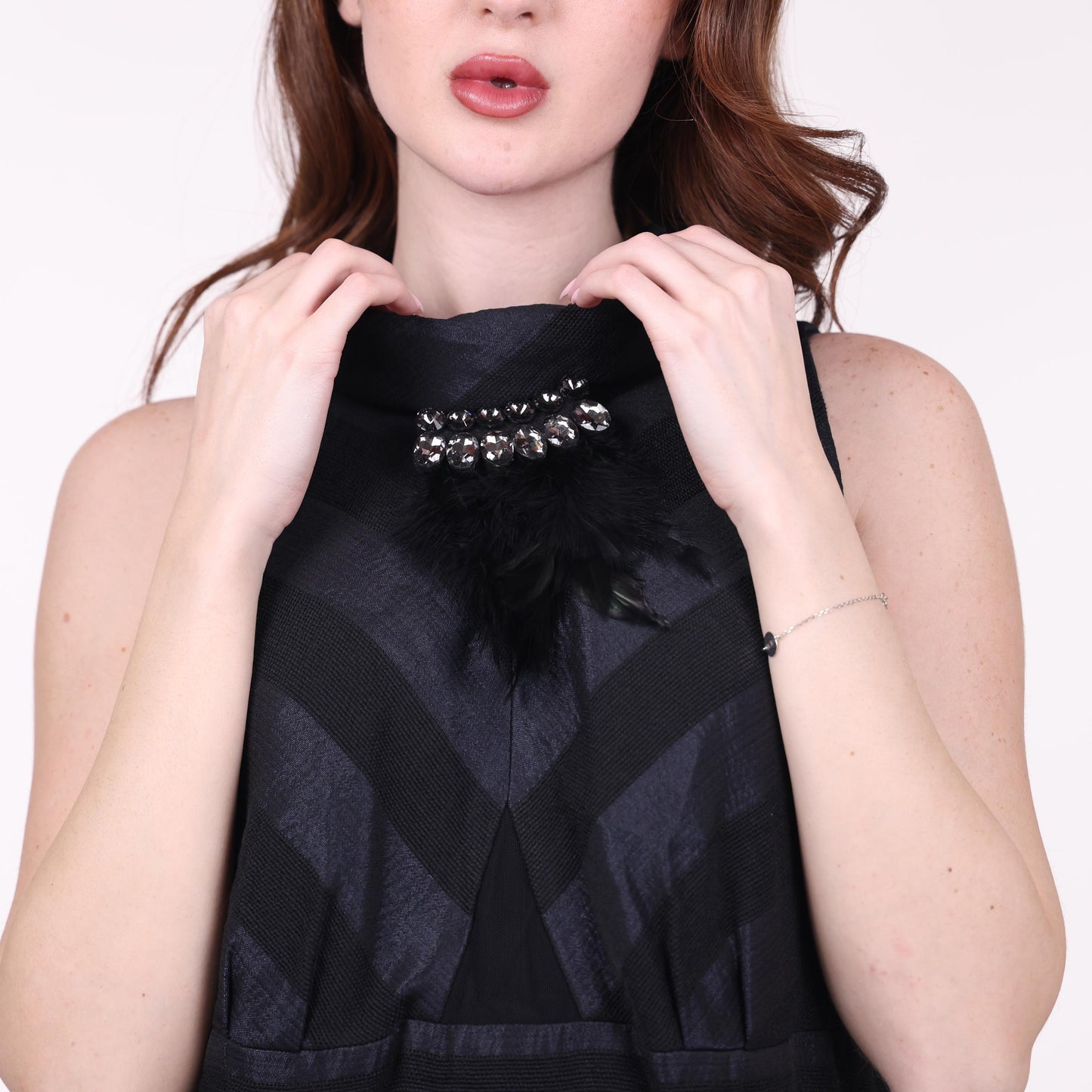 Black Sleeveless Striped Maxi Dress with Embellished Collar