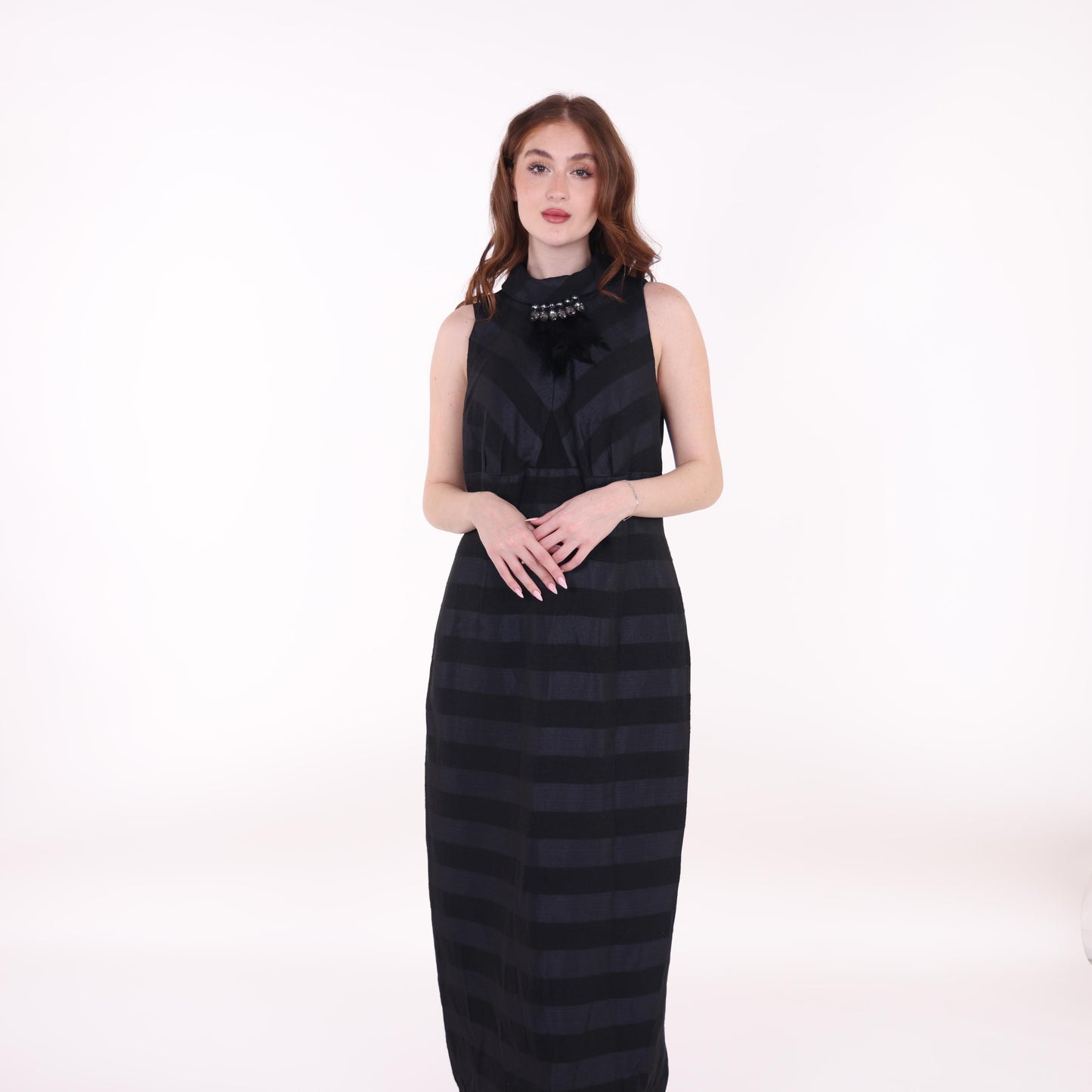 Black Sleeveless Striped Maxi Dress with Embellished Collar
