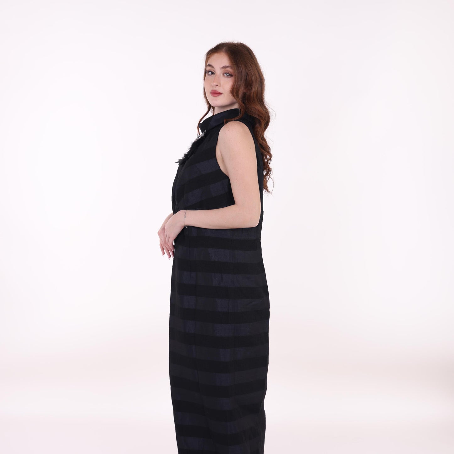 Black Sleeveless Striped Maxi Dress with Embellished Collar