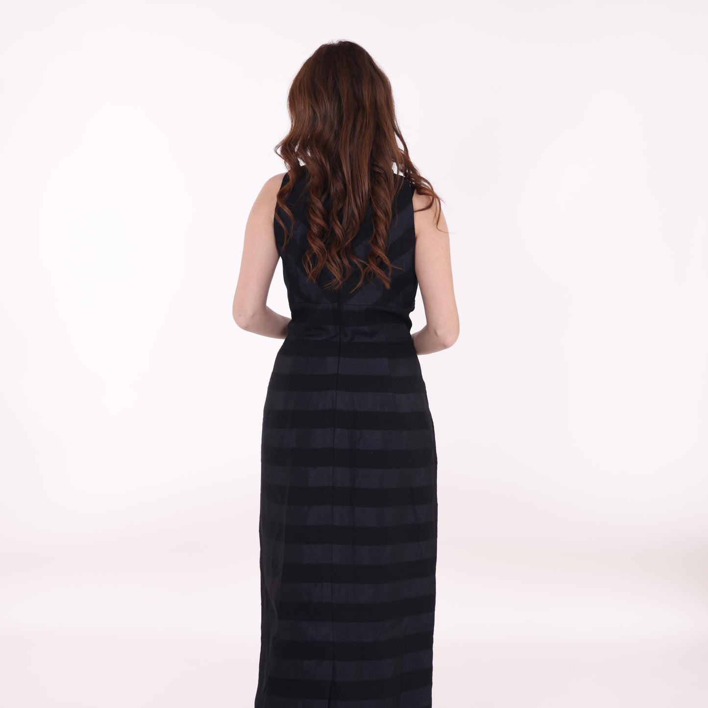 Black Sleeveless Striped Maxi Dress with Embellished Collar