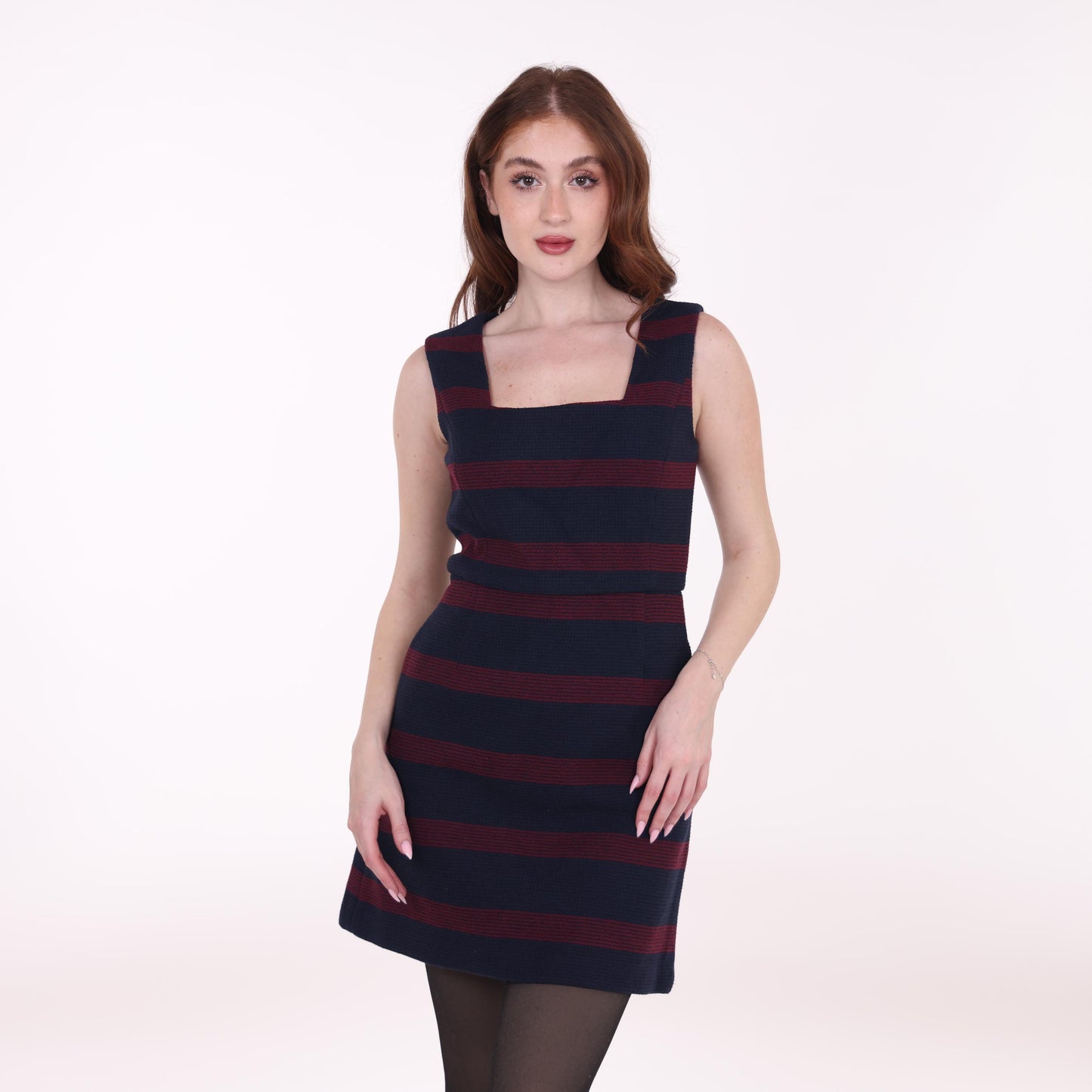 Navy and Burgundy Striped Sleeveless Mini Dress