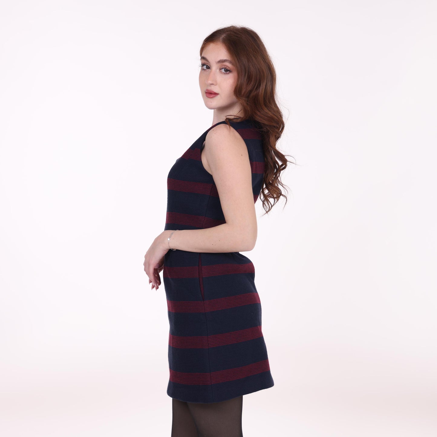 Navy and Burgundy Striped Sleeveless Mini Dress