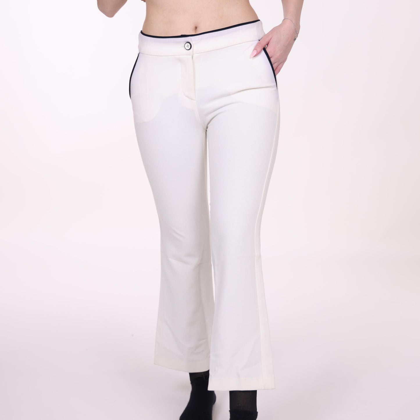 White Flared Pants with Contrast Trim Detail